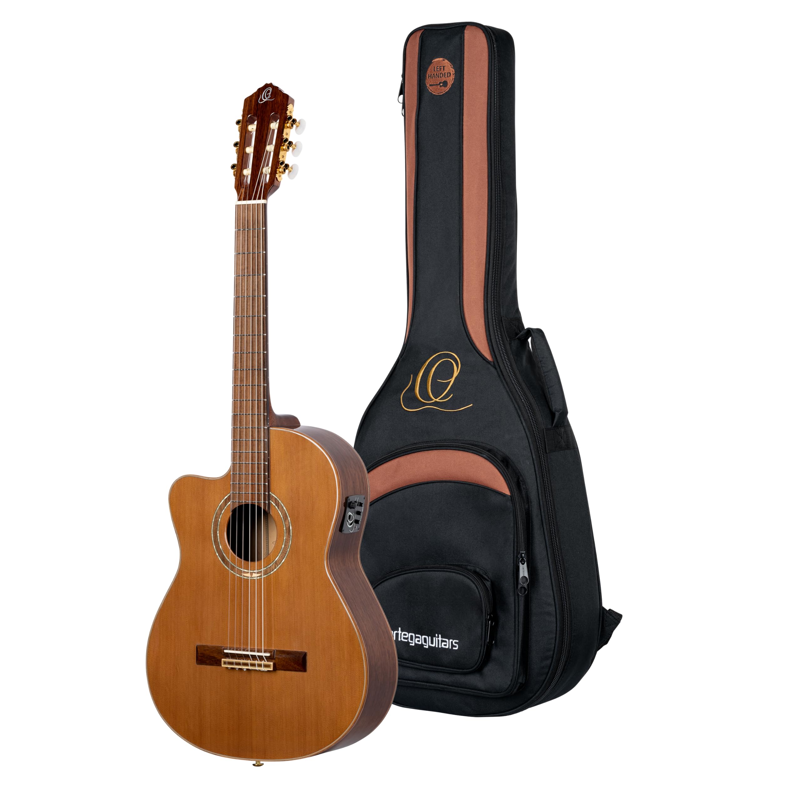 Ortega Guitars Konzert Gitarre Linkshänder – Elektro-Akustisch, 4/4, Medium Neck – Performer Series – Inklusive Gig Bag – Massive Zeder, Walnuss, Hochglanz Natur (RCE159MN-L)