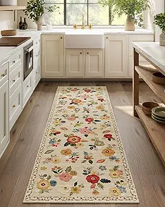Machine Washable Runner Rug for Hallway: 2'6"x8' Kitchen Runners Rug with Rubber Backing Non Slip Stain Resistant Floral Floor Rug Soft Carpet Runners for Indoor Entryway Bedroom Bedside Living Room