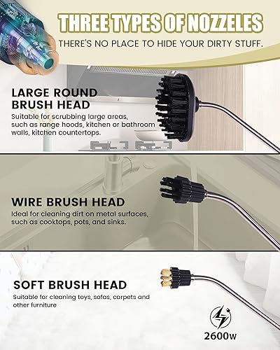 Miniatura 7 de FoundGo Limpiador de vapor de mano sin tanque de 1700 W con 7 cepillos, calentamiento de 20 segundos a 239  limpiador de vapor portátil presurizado,