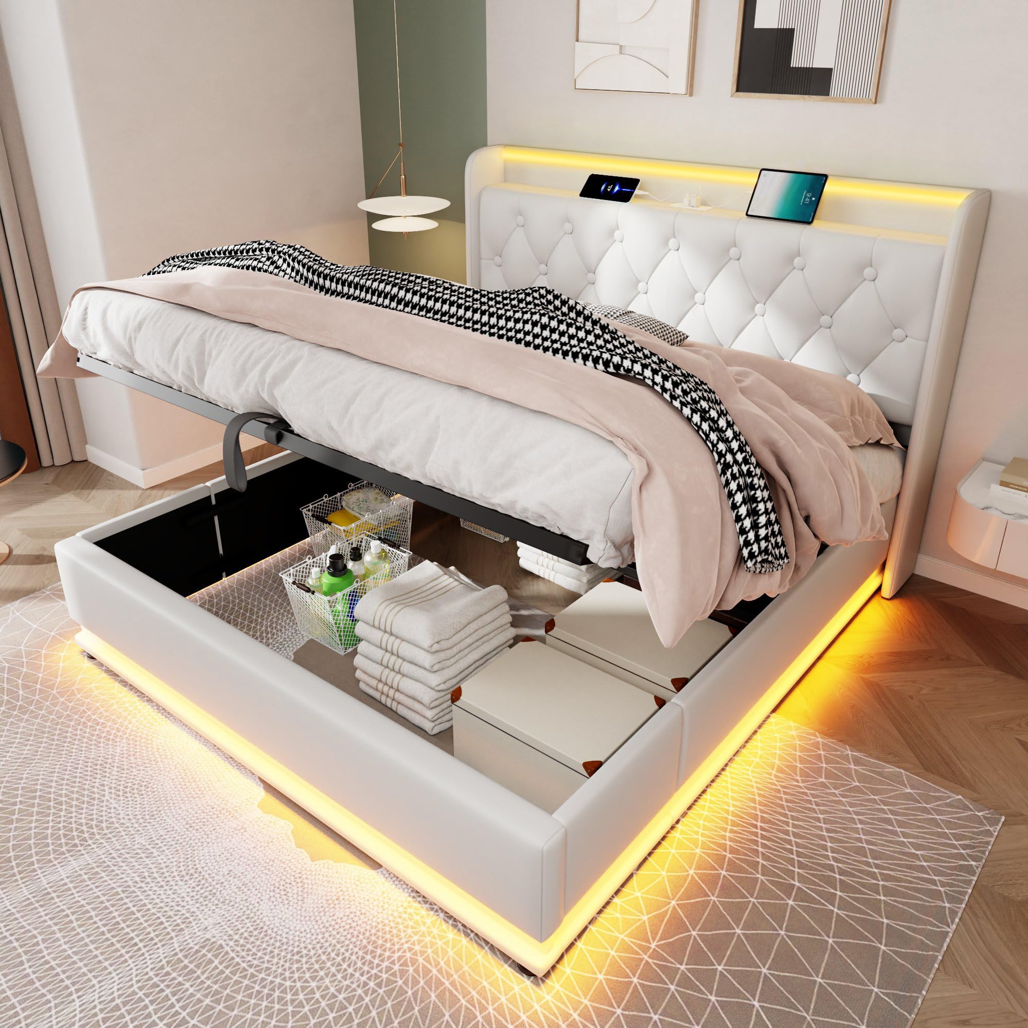 LINKHOO lit rembourré double, fonction LED surround 360, bouton-poussoir/application/télécommande,140*200 cm, matériau PU blanc Lit de camp hydraulique,avec fonction de charge USB Type-C(sans matelas)