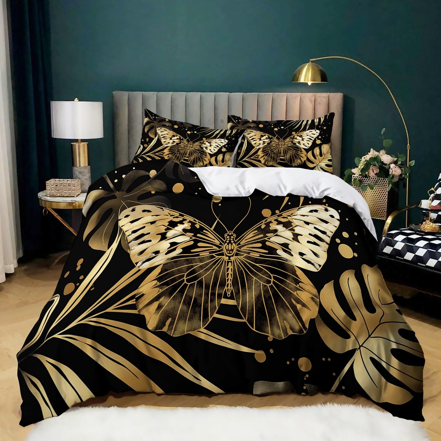 Retro Double Size Duvet Cover Sets Golden butterfly plant leaves Bedding Sets Printed Ultra Soft Microfiber 200x200 cm Quilt Cover Set With Pillow Case 50x75 cm Easy Care, Luxury Bedroom Decor