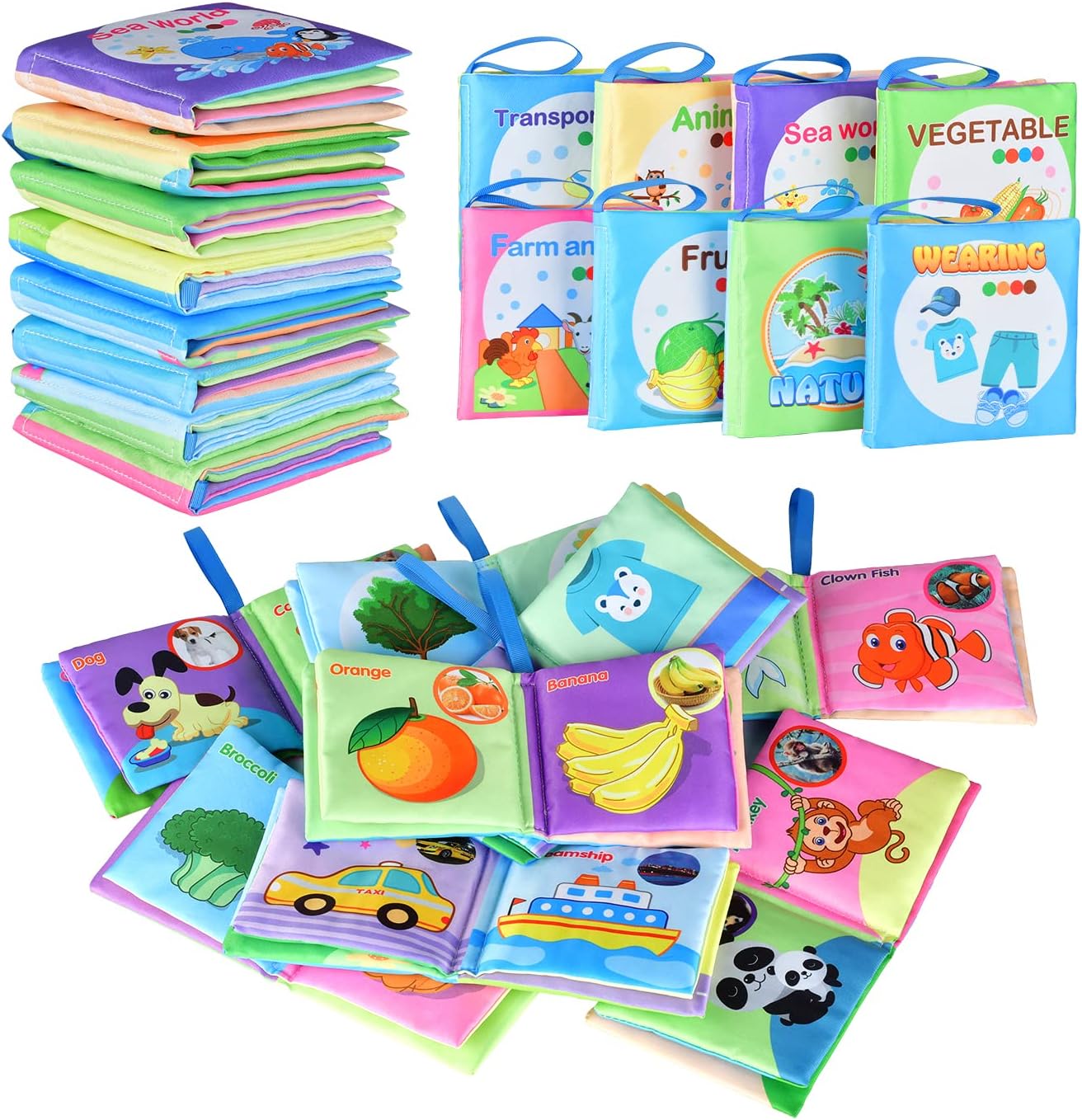 Soft Cloth Book, 8 PCS Baby's First NonToxic Fabric Baby Books Newborn Toys, Washable Crinkle