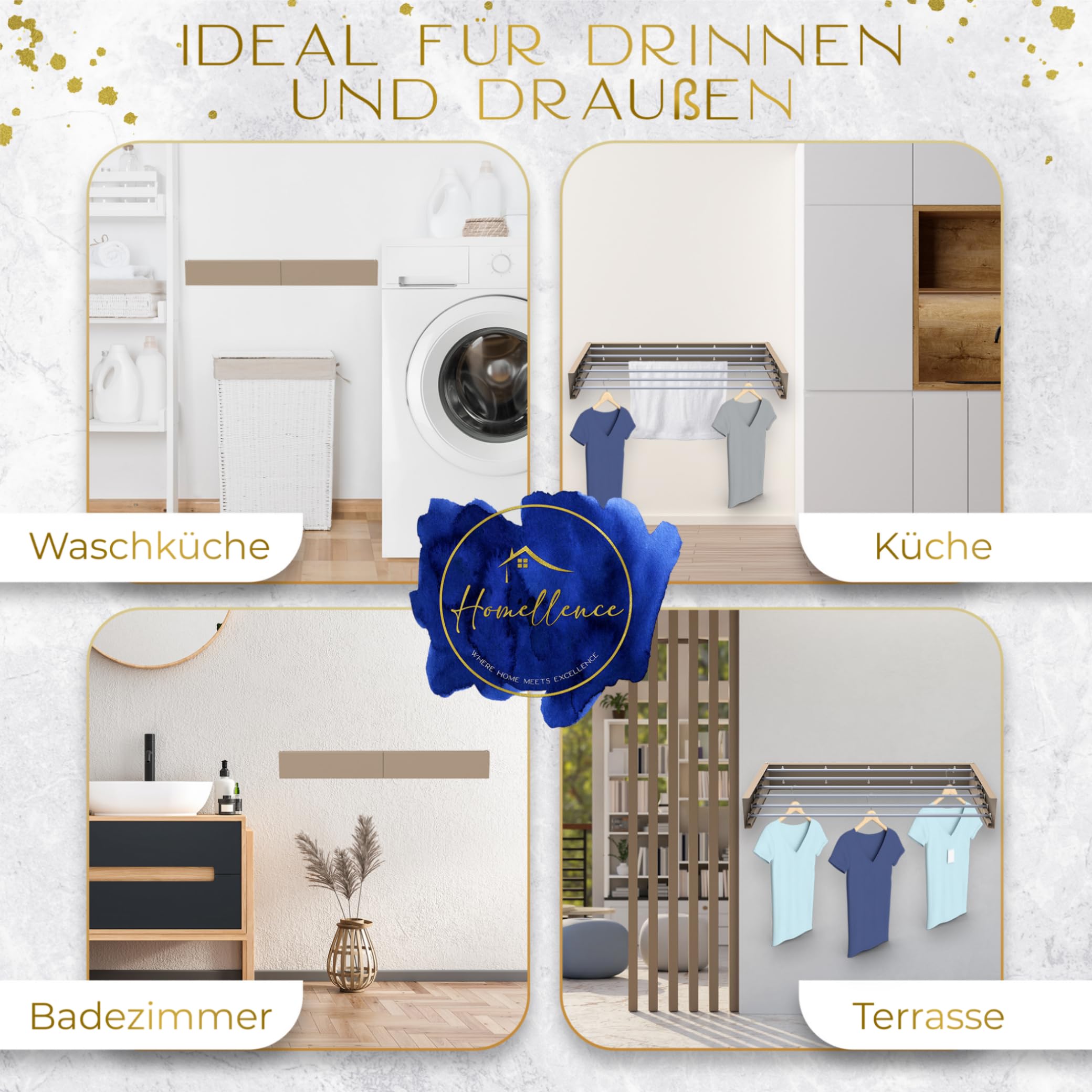 Homellence - Eleganter Wäscheständer Wand ausziehbar - Wandwäschetrockner ausziehbar platzsparend - Robuster Wäschetrockner Wand - Wäscheständer Wandmontage mit 6m Trockenlänge (100 cm, Cappuccino)