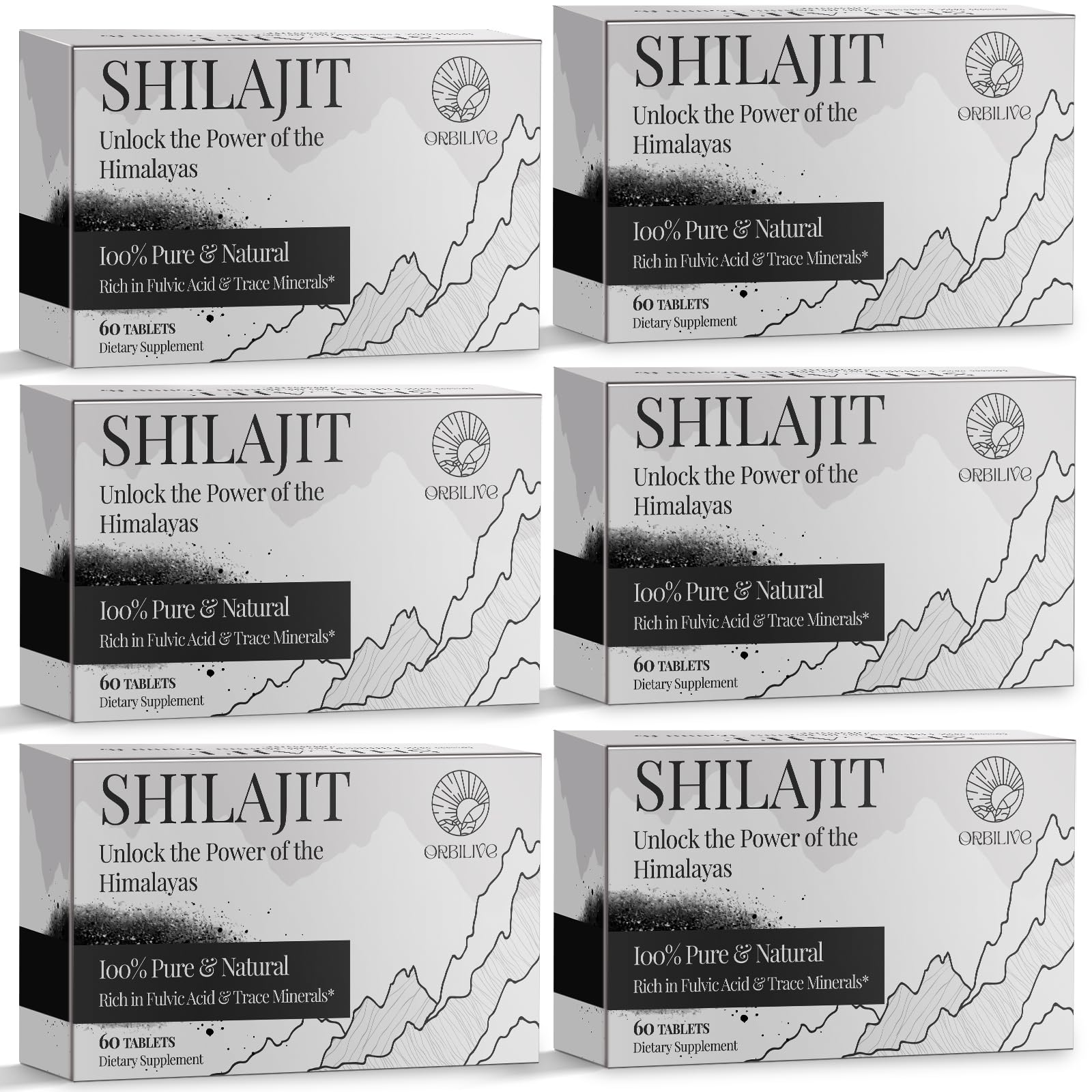 Shilajit Tablets 1000 MG, 100% Himalayan Organic, Shilajit Supplement Rich in Fulvic Acid & 85+ Trace Minerals for Men and Women, Energy & Immune System, 360 Count 60 Count (Pack of 6)