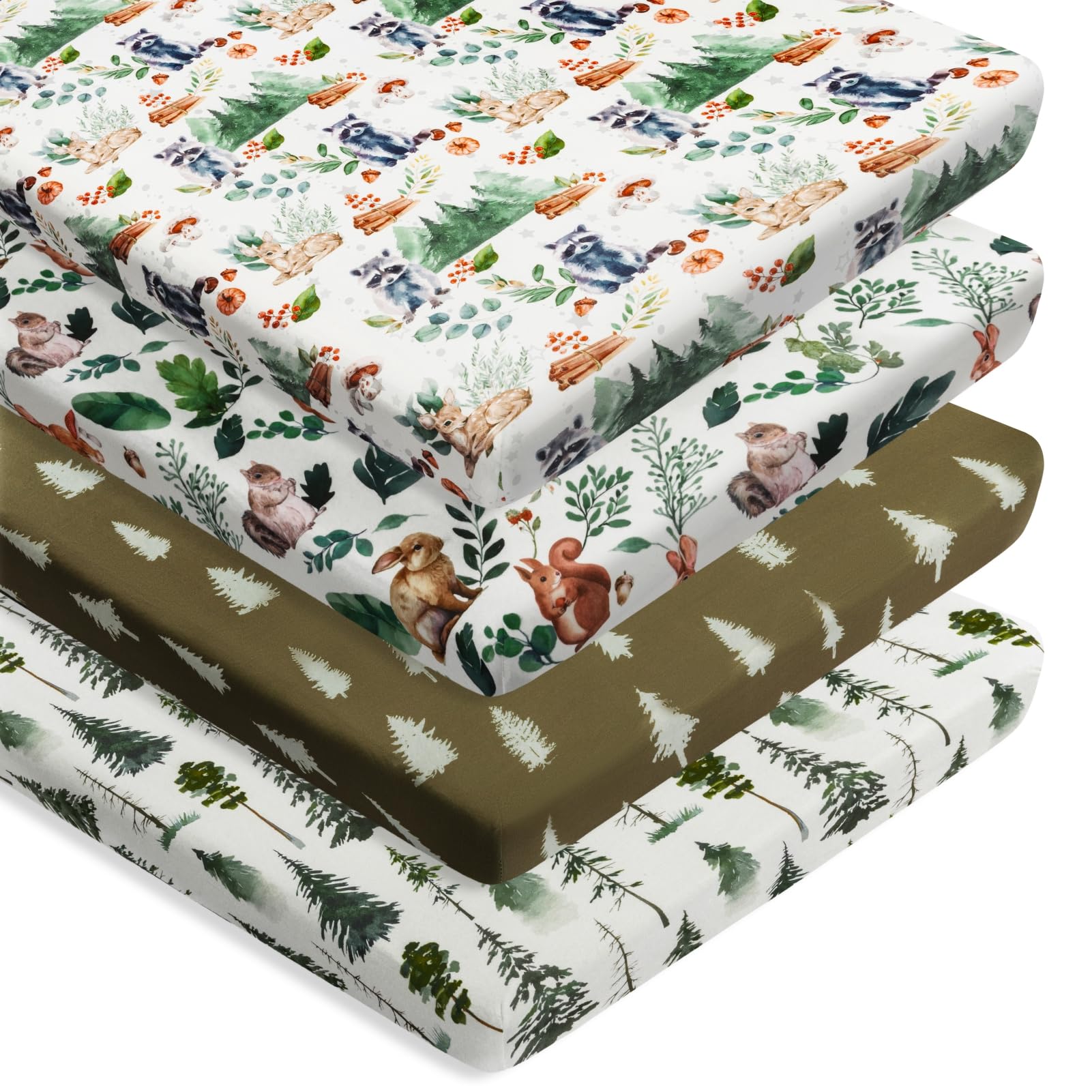 N Play - Juego de 4 sábanas bajeras unisex con diseño de animales del bosque del bosque, para bebés y niñas (mapache)