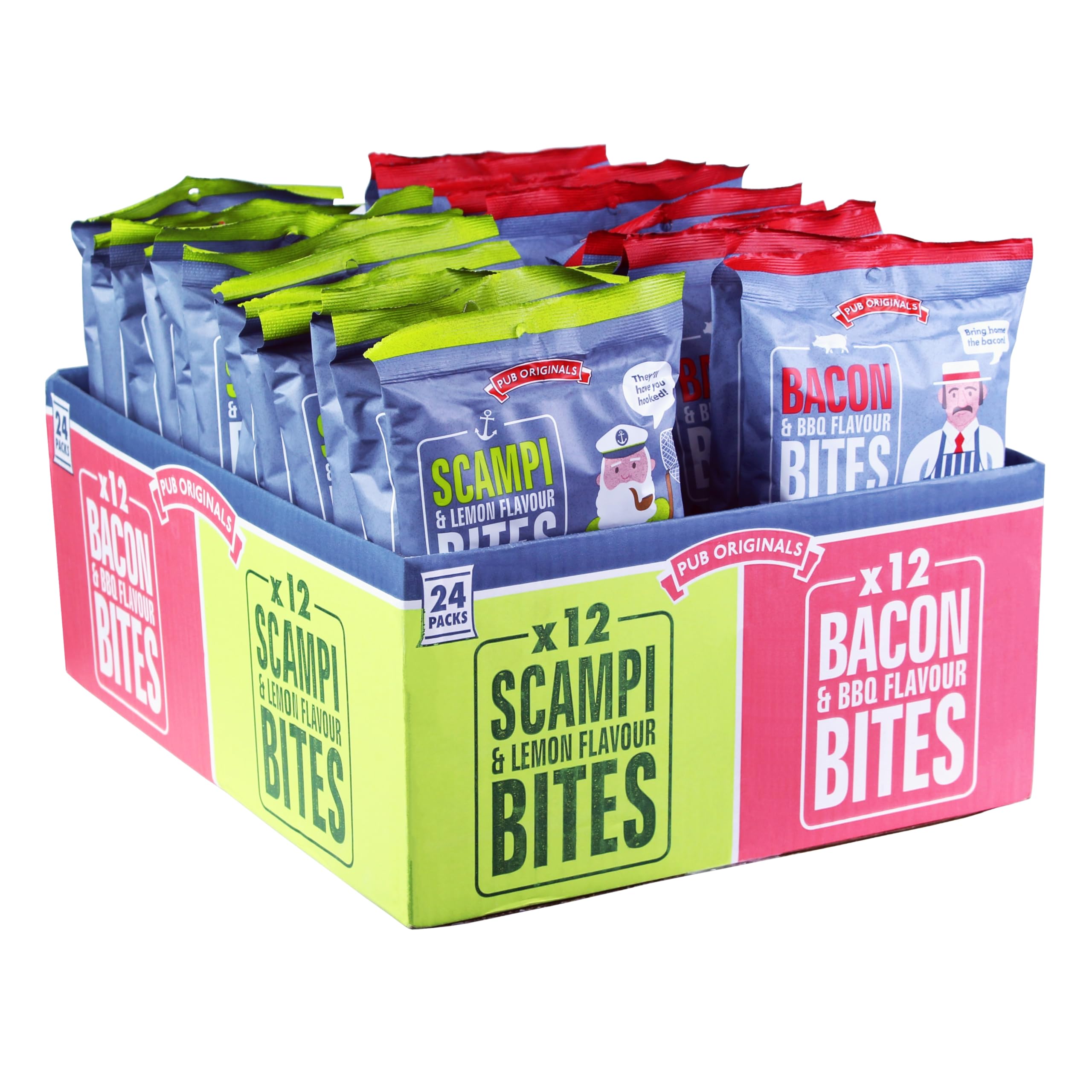 Pub Original Bites - Variety Snacks Box - Scampi Lemon and Bacon BBQ Flavour Crisps - 24 x 40 g Bags