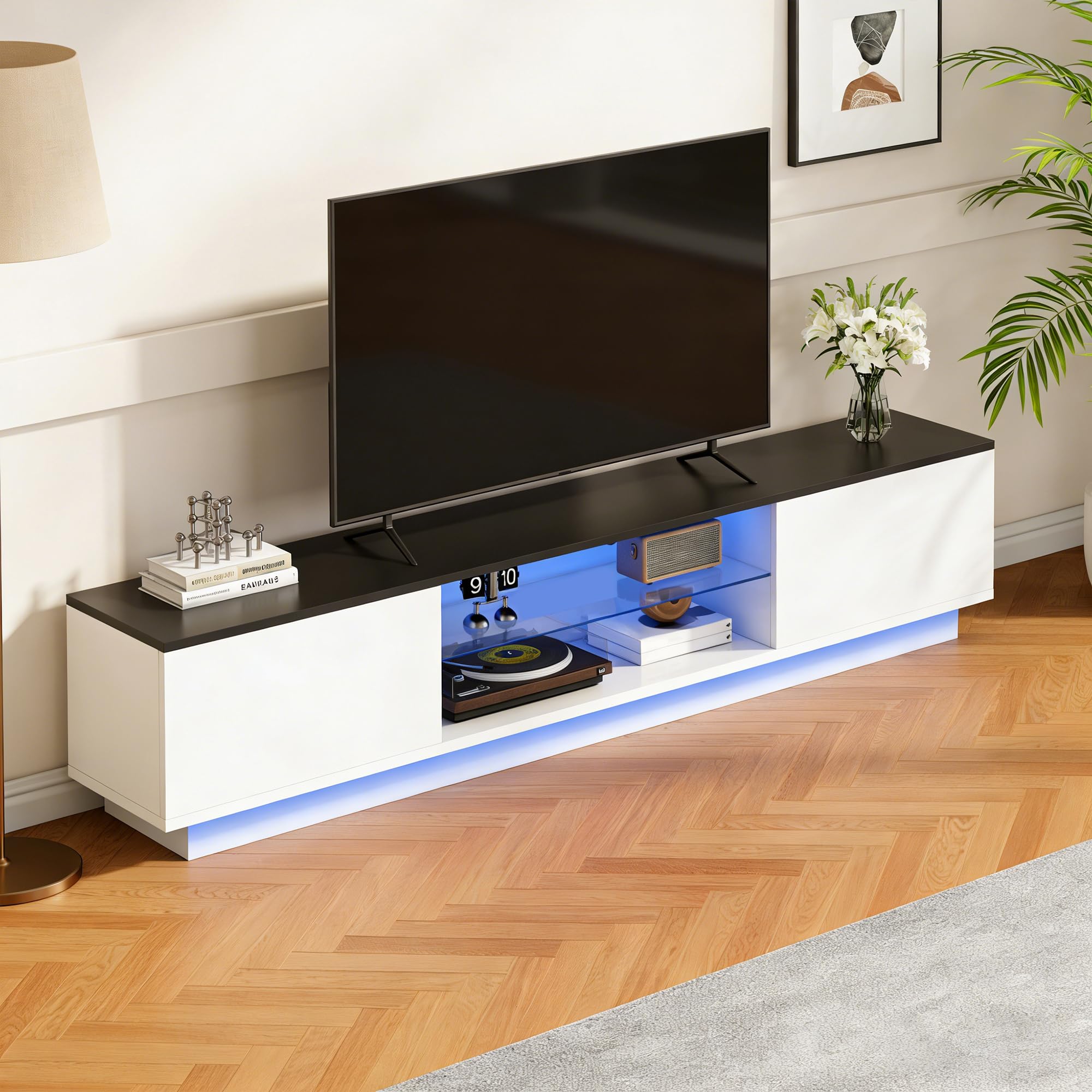 Mobile TV 160 cm, Mobile Tele con luci LED, Panca TV Bianco con Spazio di Conservazione, per TV fino a 65 pollici, Design moderno, Armadio-TV per Soggiorno, Camera da letto (Bianco-160 cm)