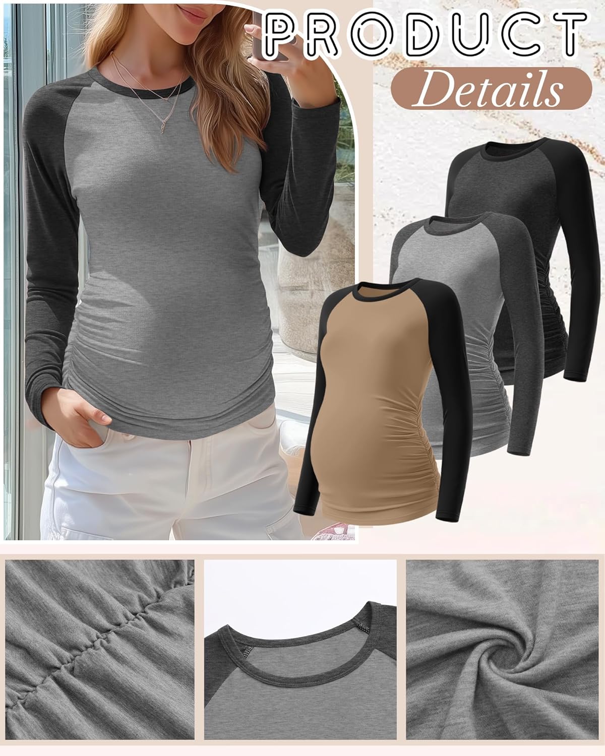 3 Pack Women's Maternity Shirts, Pregnancy Raglan Long Sleeve Tops Sides Ruched Crew Neck Color Block Mama Clothes - Image 2