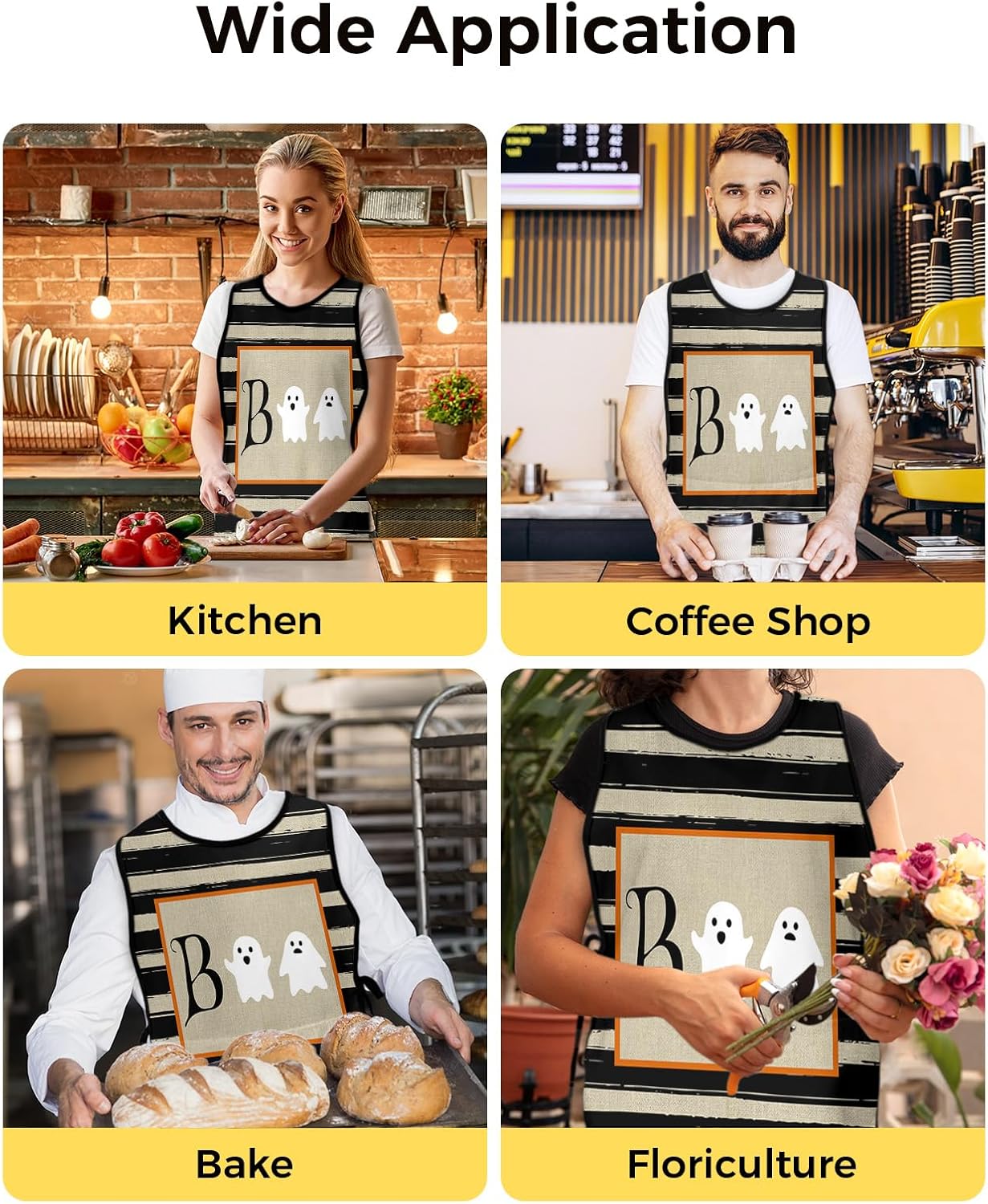 Halloween Cobbler Aprons with 2 Pockets for Women Men, Ghost Boo-Stripes Farmhosue Beige Black