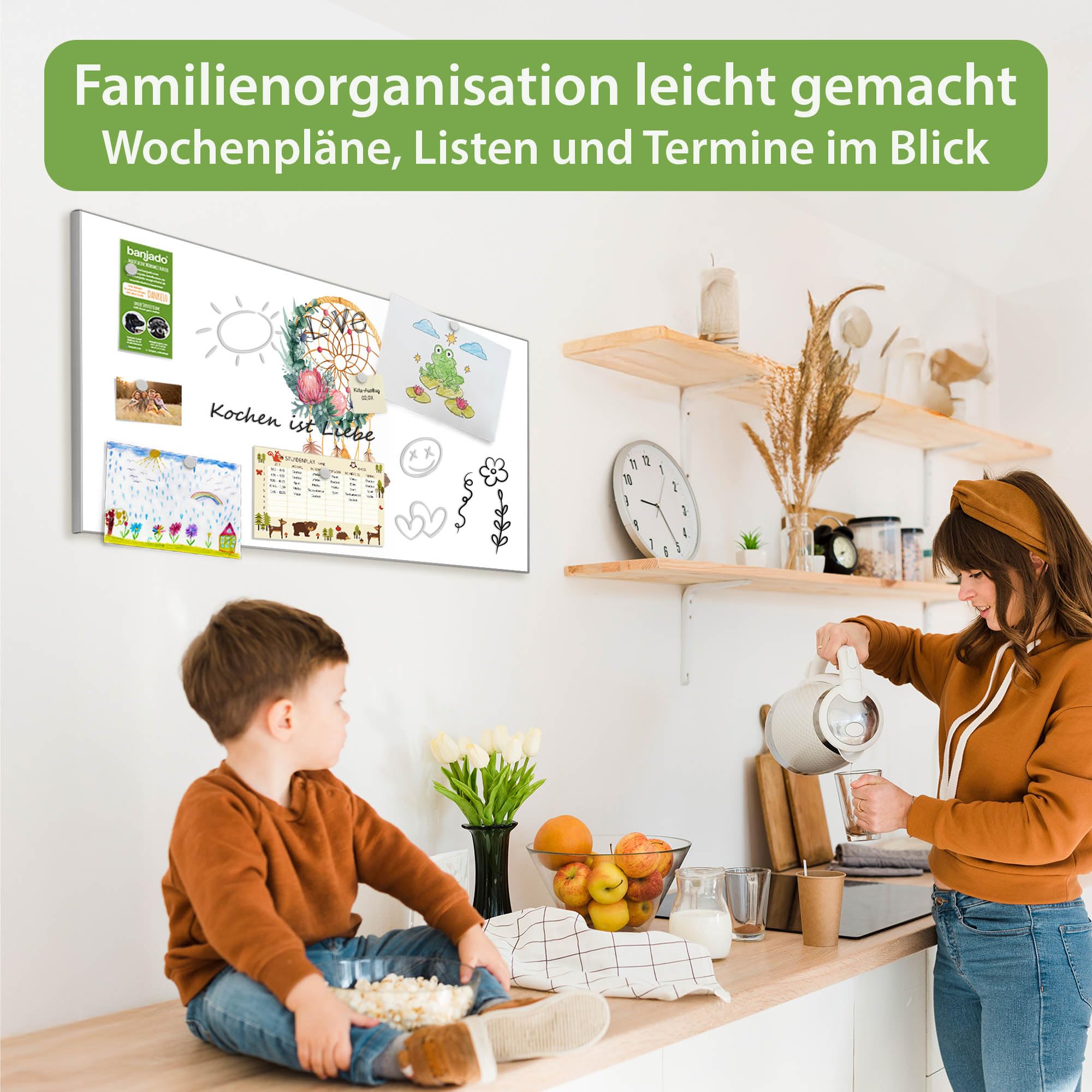 banjado Magnettafel Metall 78 x 37cm - beschreibbare Magnettafel - Metall Pinnwand als Memoboard - Magnetwand Küche, Büro, Kinderzimmer Grau inkl. 4 Magnete & Montageset - Motiv Traumfänger Federn u