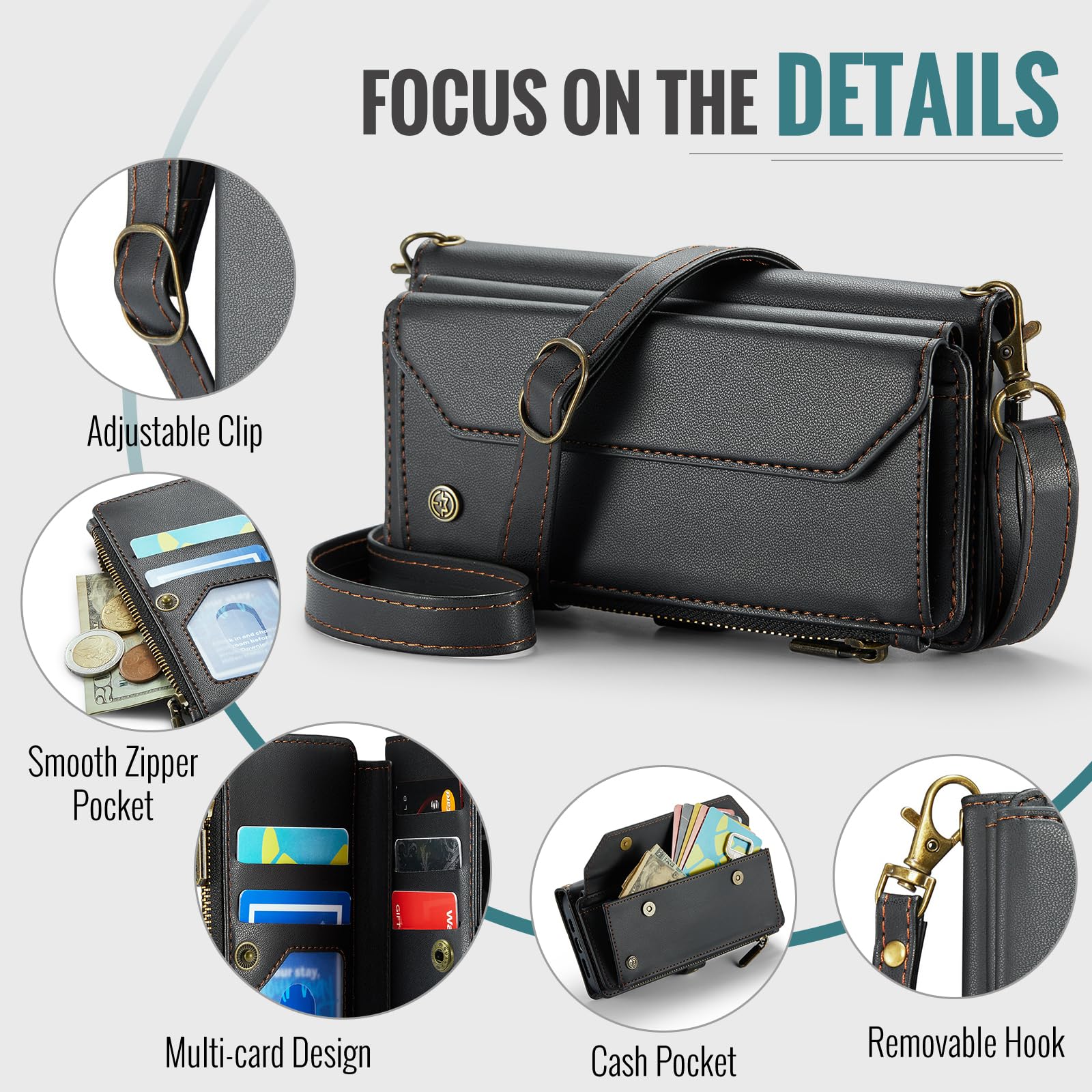 Unichthy For iPhone 16 Pro Max Case for Women with Crossbody Strap + Wrist Strap Shockproof Premium Leather Flip Wallet Handbag Zip Purse 5 Card Slots Clutch Bag for iPhone 16 Pro Max Black - Image 2