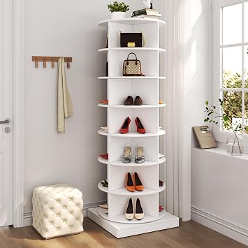 Rotating Shoe Rack Tower, 7-Tier Spinning Shoe Rack, Free Standing 360 Revolving Shoe Organizer Can Hold 28 Pairs of Shoes for Entryway Living Room Hallway 7-Tier, White