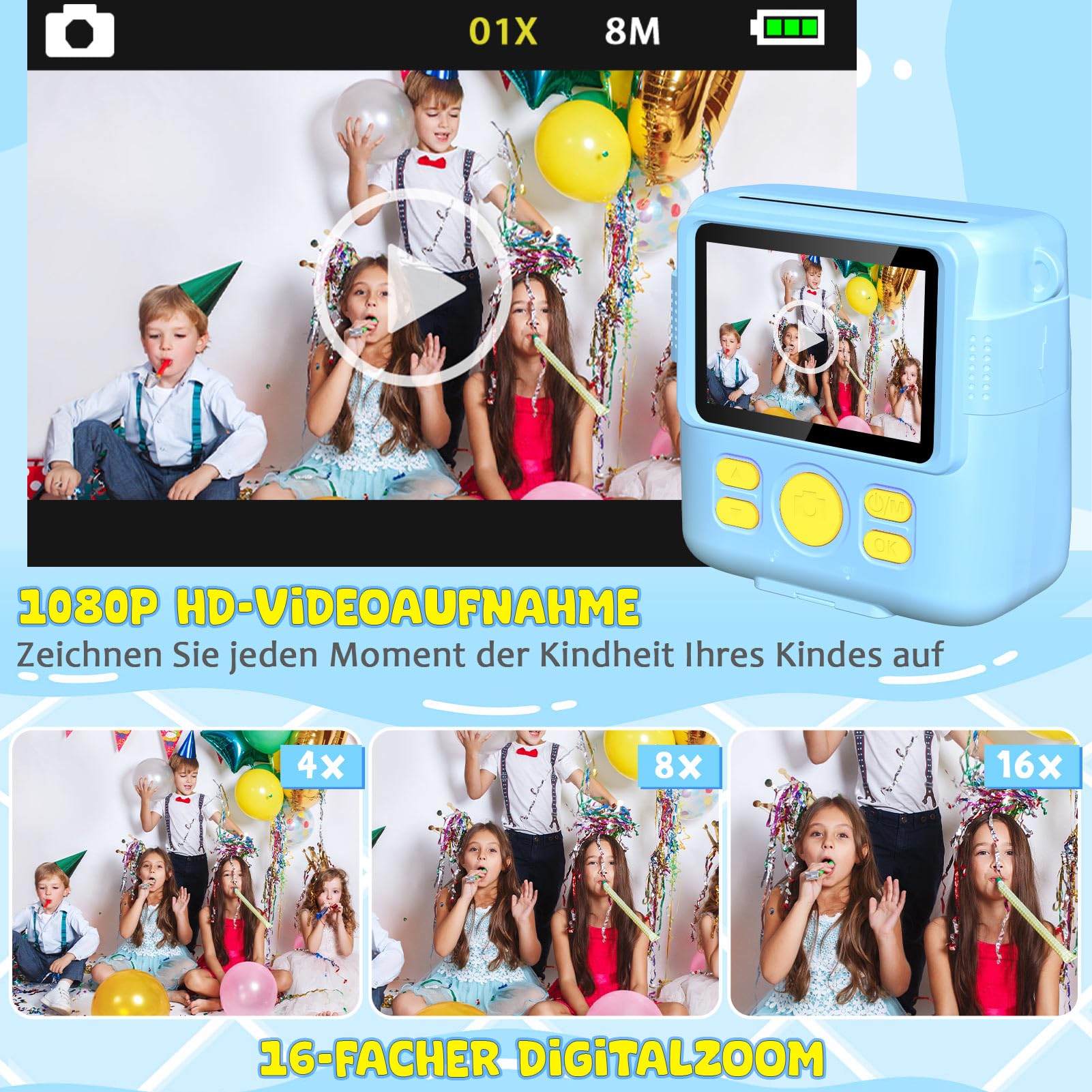 Fotocamera digitale per bambini, con stampa istantanea, 1080P, in bianco e nero, per foto (blu)..