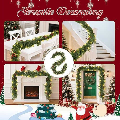 Miniatura 7 de Guirnalda de Navidad de 9 pies con 7 modos de luz LED, 9 piñas verdaderas, conos rojos y hojas de eucalipto, guirnaldas de pino Norfolk para