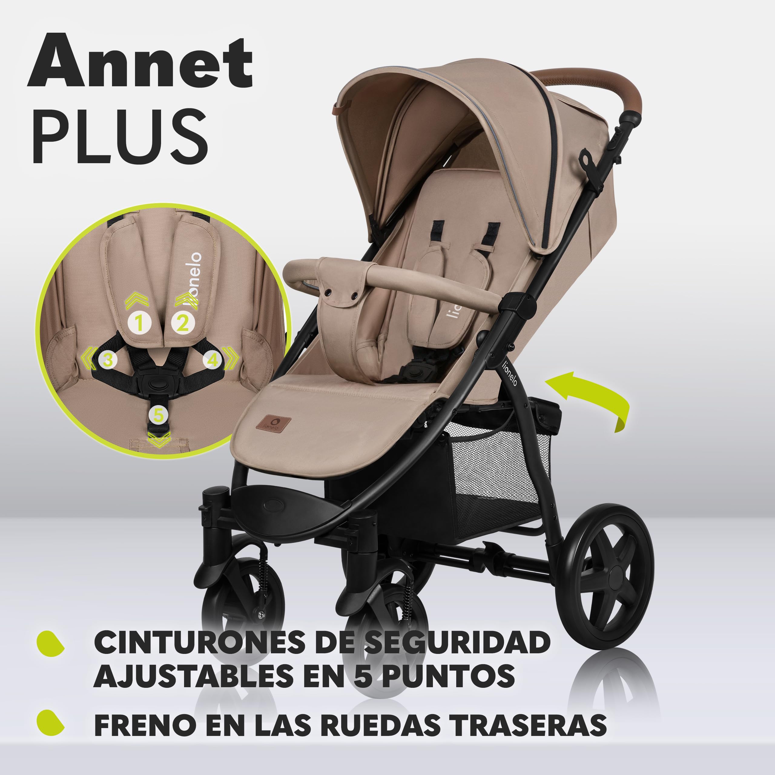 LIONELO Annet Silla de Pase Para niños hasta 22 kg 0-48M ajuste del respaldo hasta posición horizontal Capucha XXL Plegable fácil con ventana Mosquitera (Beige)