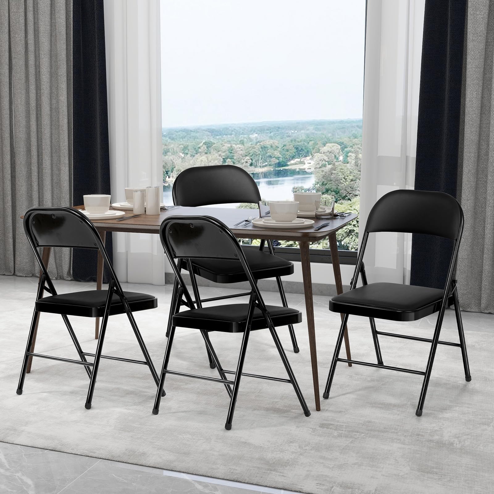 Set da 6 sedie pieghevoli da giardino, sedia pieghevole da interno in metallo, impermeabili sedie da esterno pieghevoli fino a 158 kg, sedia per sala da pranzo, cucina, campeggio, nero