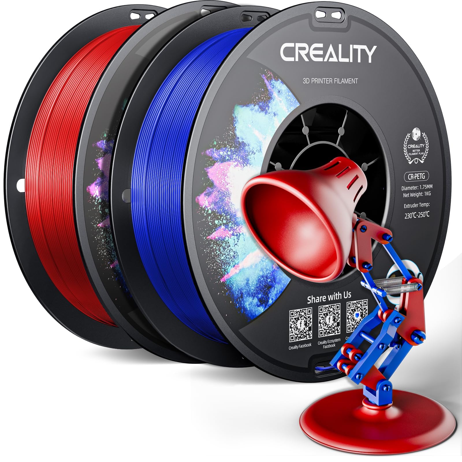 CREALITY Filamento PETG de 1.75 mm para impresora 3D, carrete de 2 kg perfectamente enrollado, precisión dimensional ± 0.03 mm, lote 2024, apto para la mayoría de impresoras 3D FDM, rojo y azul