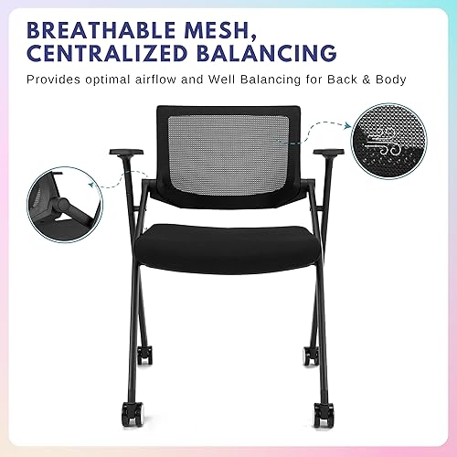 Miniatura 7 de 20 sillas apilables para sala de conferencias con ruedas y remo respaldo y brazos de malla ergonómica para reuniones conferencias recepción silla de