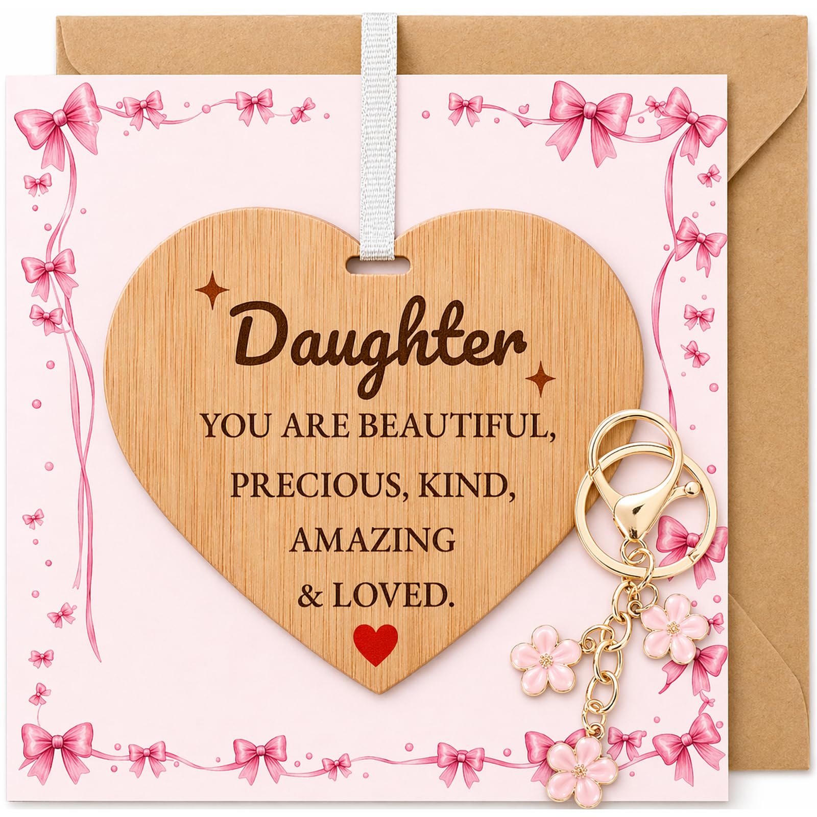 Happy Birthday Daughter Card Set with Kraft Envelope, Pink Flower Keyring and Engraved Wooden Heart Plaque, Meaningful Daughter Gifts, Birthday Card for Daughter from Mum Dad