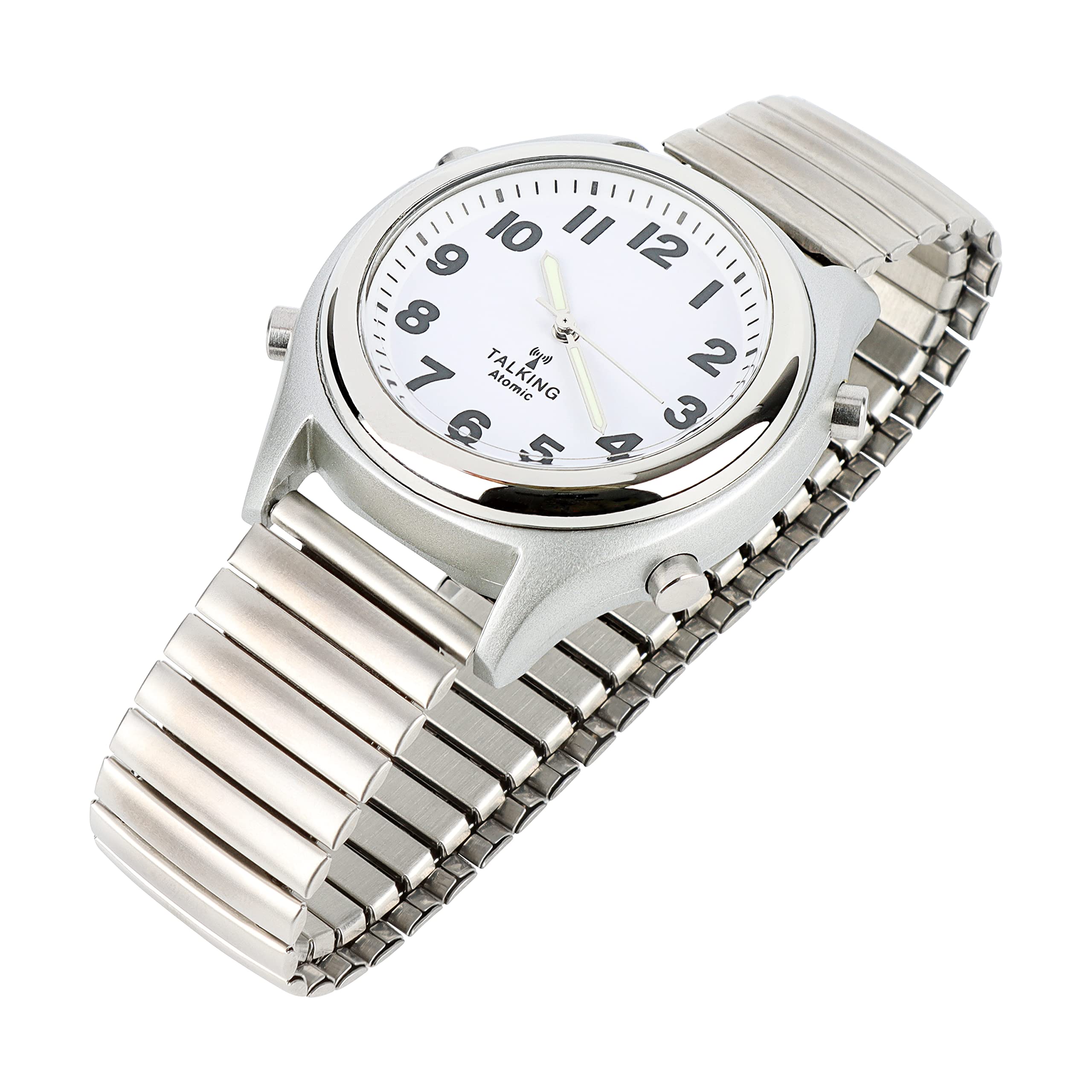 Talking Atomic Silver Reloj elástico | Reloj de pulsera parlante audible transparente con números grandes | Correa de acero elástico de plata inoxidable expandible | Anuncia hora y fecha | Diseño
