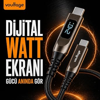 Type-C To Type-C 240W 1.2 M Dijital Watt Göstergeli Metal Uçlu Şarj Kablosu iPhone 17, 16, 15, Samsung Galaxy S24, S23, Pixel, iPad, MacBook, Nintendo, Xiaomi Uyumlu, Siyah