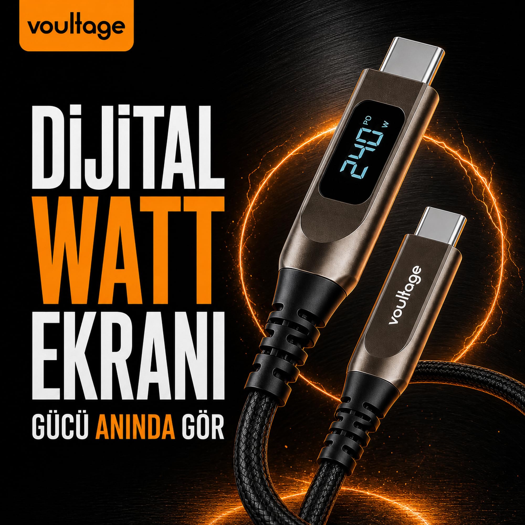 Voultage Type-C To Type-C 240W 1.2 M Dijital Watt Göstergeli Metal Uçlu Şarj Kablosu iPhone 17, 16, 15, Samsung Galaxy S24, S23, Pixel, iPad, MacBook, Nintendo, Xiaomi Uyumlu, Siyah