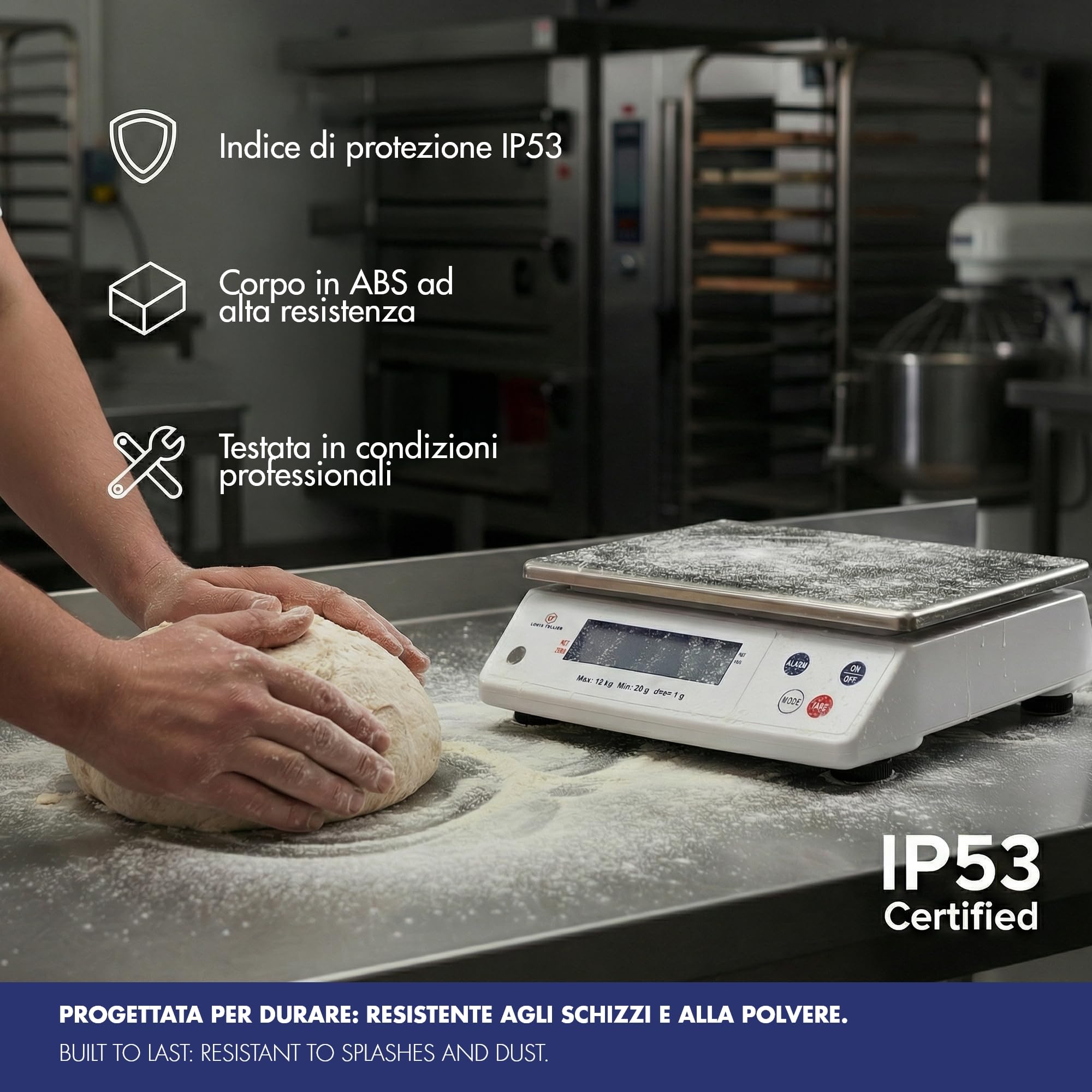 Louis Tellier - Bilancia Elettronica Professionale - 12 kg - IP53 - Precisione 1 g - Piatto Estraibile 29,8 x 23,6 cm