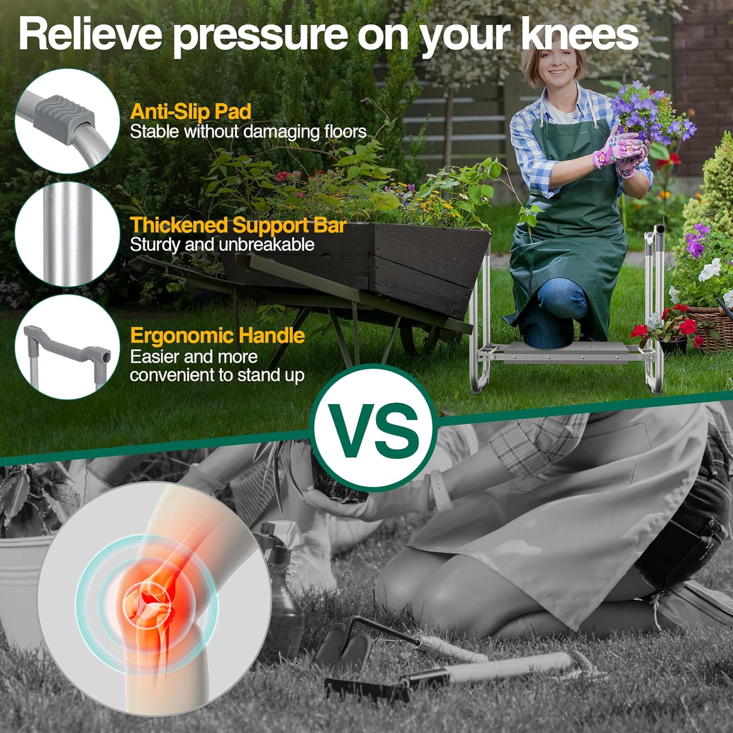 Garden Kneeler and Seat, Heavy Duty Foldable Gardener Stool with 2 Tool Pouches, Anti-Knee and Back Pain, Gardening Gifts for Women, Men Seniors