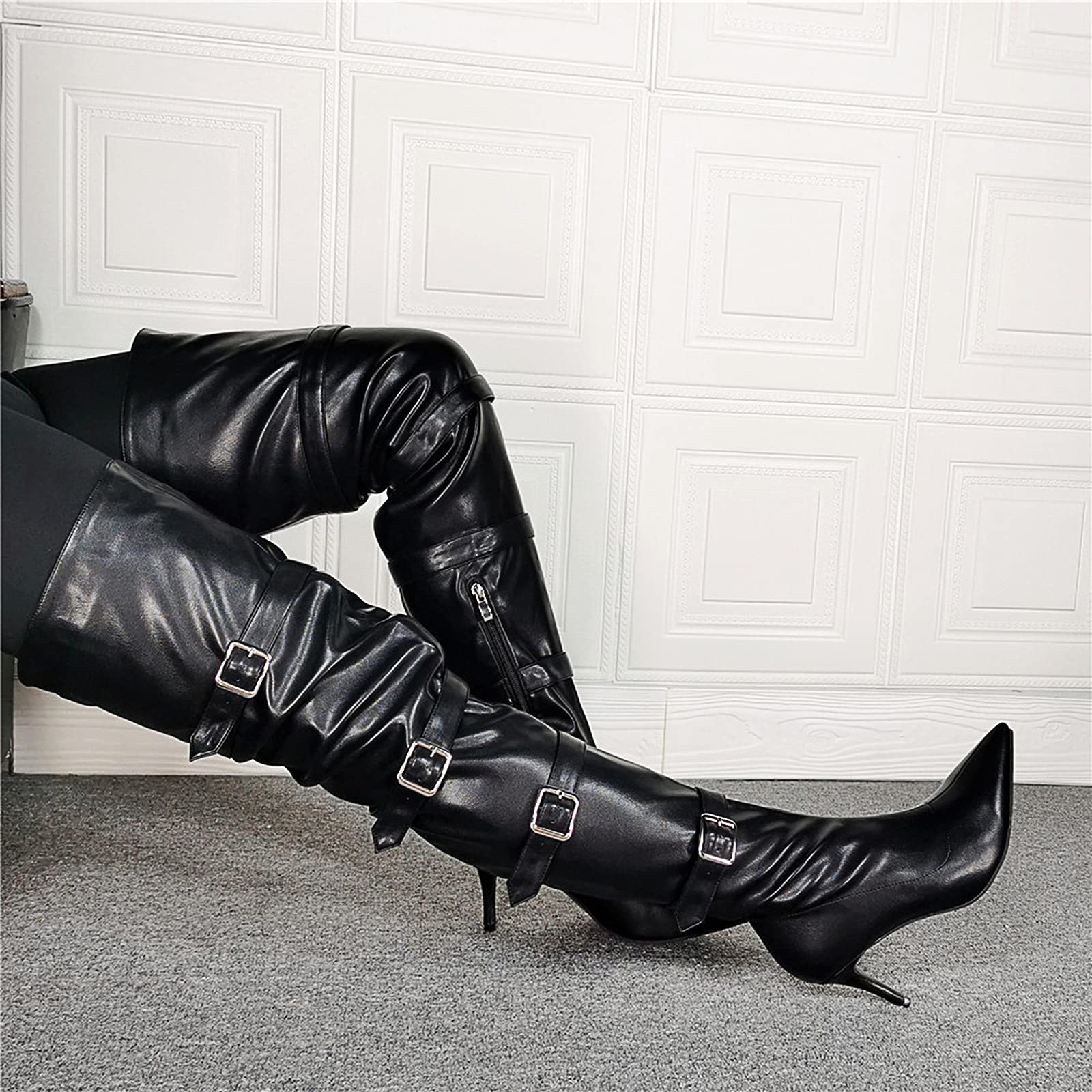 Zapatos de tacón de tacón de Stiletto para Mujer Punta de Punta de Punta Larga sobre la Rodilla Montar con Las Botas Altas de Ajuste Ancho con Correa de Hebilla Ajustable,Black-41