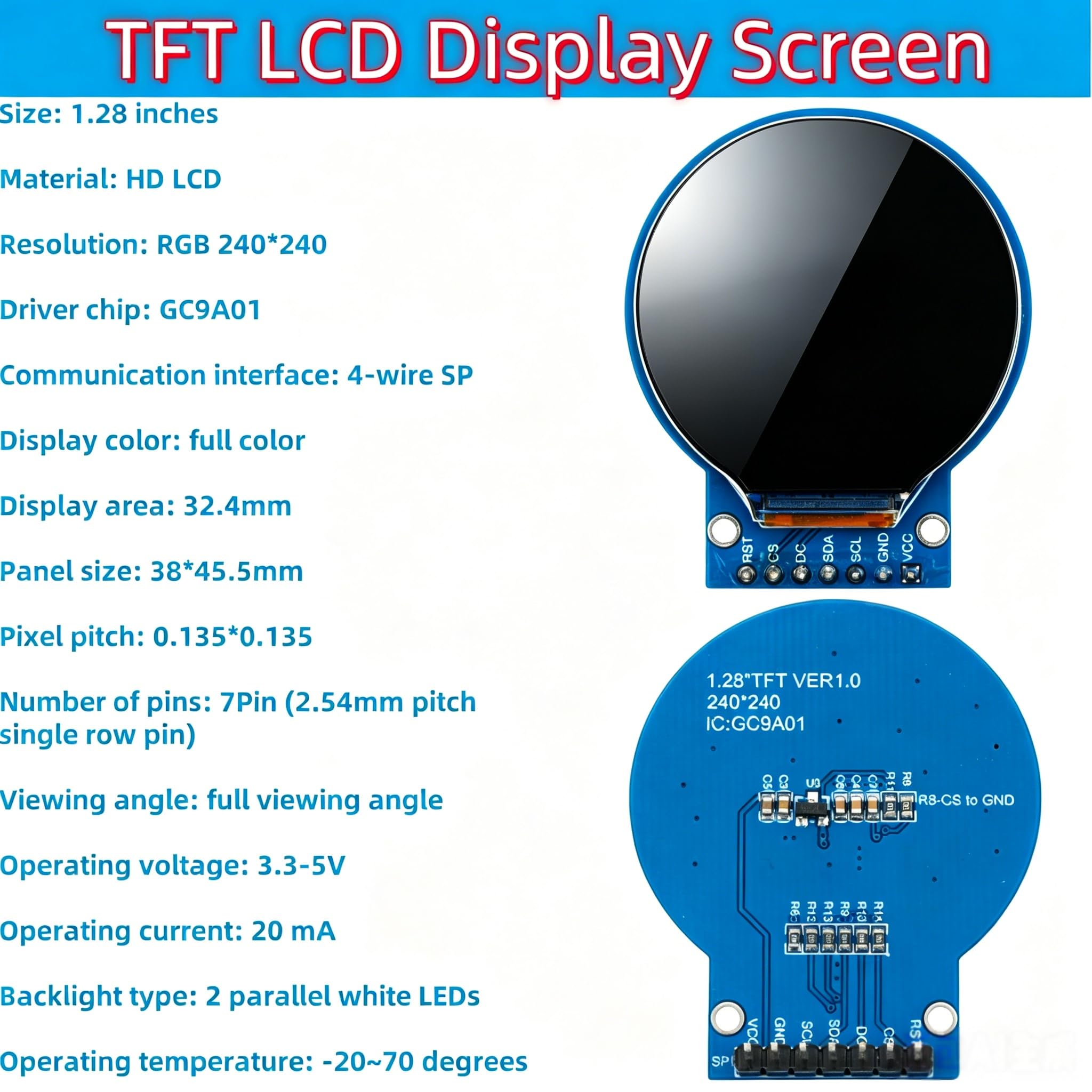 3 pantallas TFT LCD para Arduino (1.28 pulgadas 240 x 240) redonda a todo color HD IPS Full View RGB Display GC9A01 chips de controlador interfaz SPI de 7 pines