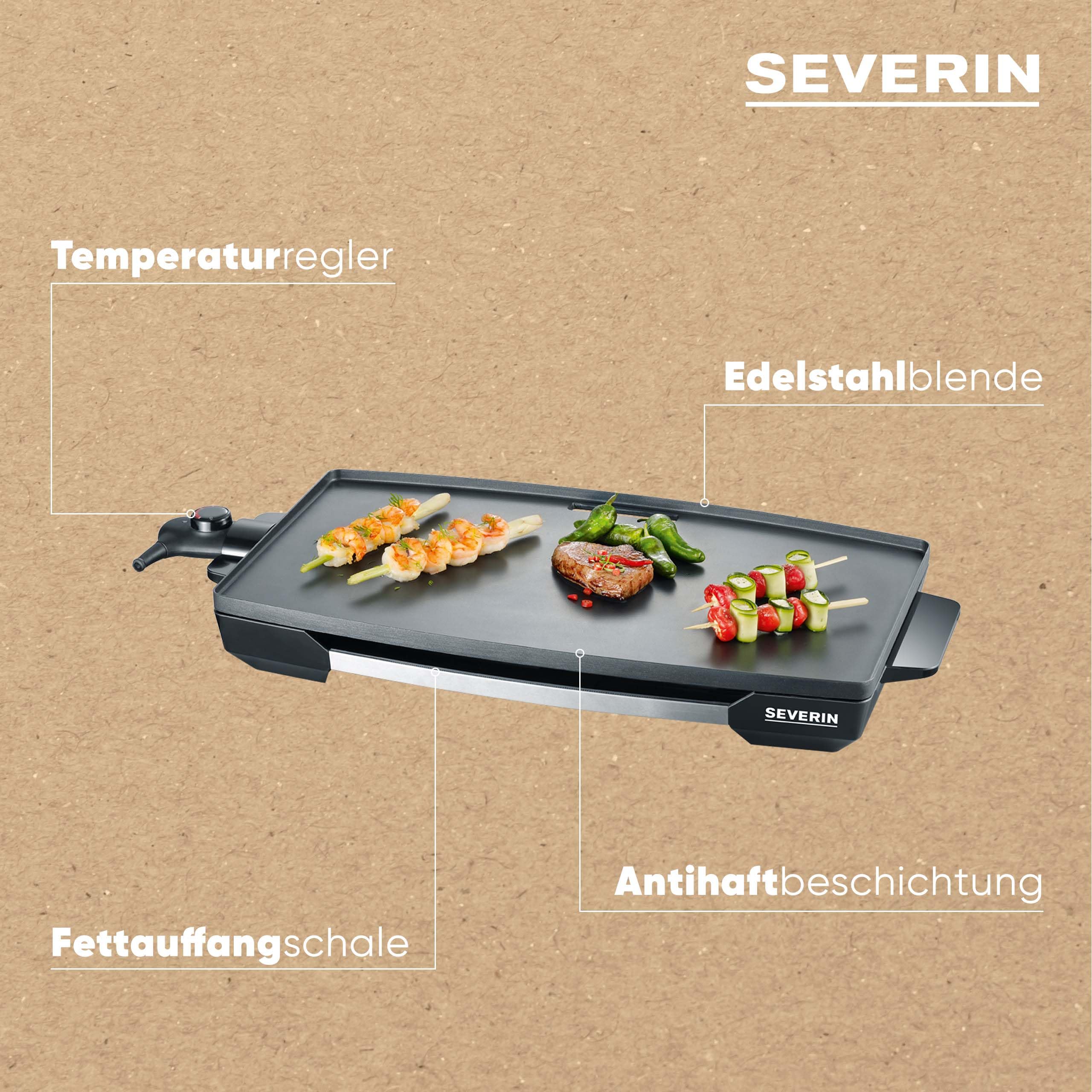 SEVERIN Tischgrill für Fleisch, Fisch und Gemüse, XXL Teppan Yaki Platte mit Antihaftbeschichtung, Elektrogrill mit Fettauffangschale und Temperaturregler, schwarz, KG 2397