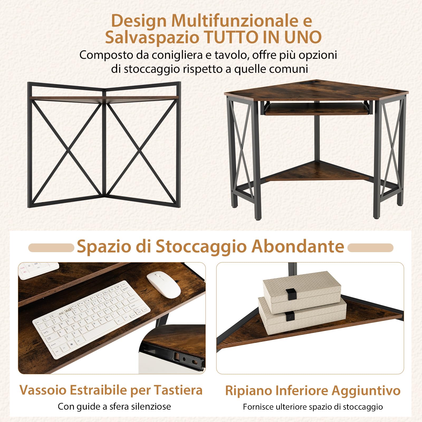 COSTWAY Scrivania Angolare con Prese, Scrivania ad Angolo con Ripiani, Porta Tastiera Estraibile e Struttura in Metallo, Scrivania Salvaspazio per Ufficio e Casa(marrone e nero)