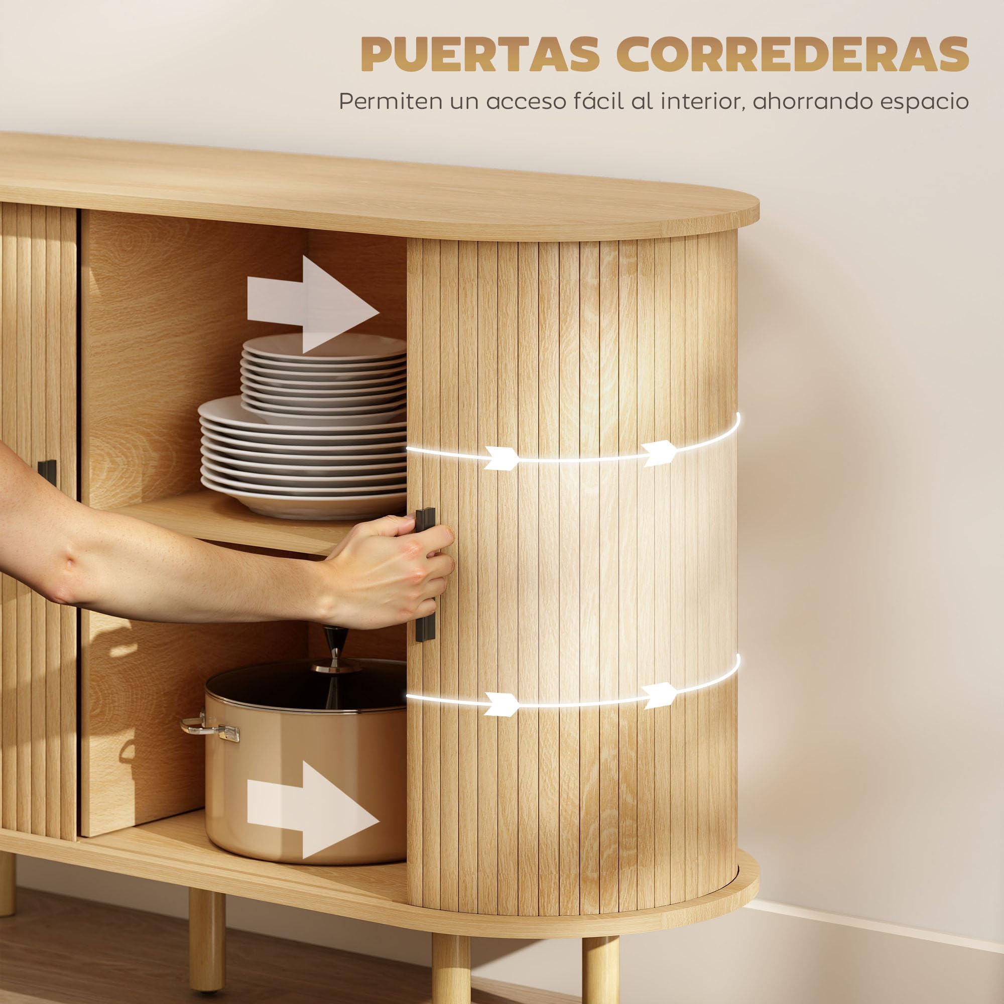 HOMCOM Aparador con Puertas Tambour Deslizantes, Aparador para Salón Moderno, con 4 Compartimentos y Patas de Madera, para Cocina, Entrada, Dormitorio, Roble, 120x40x78 cm