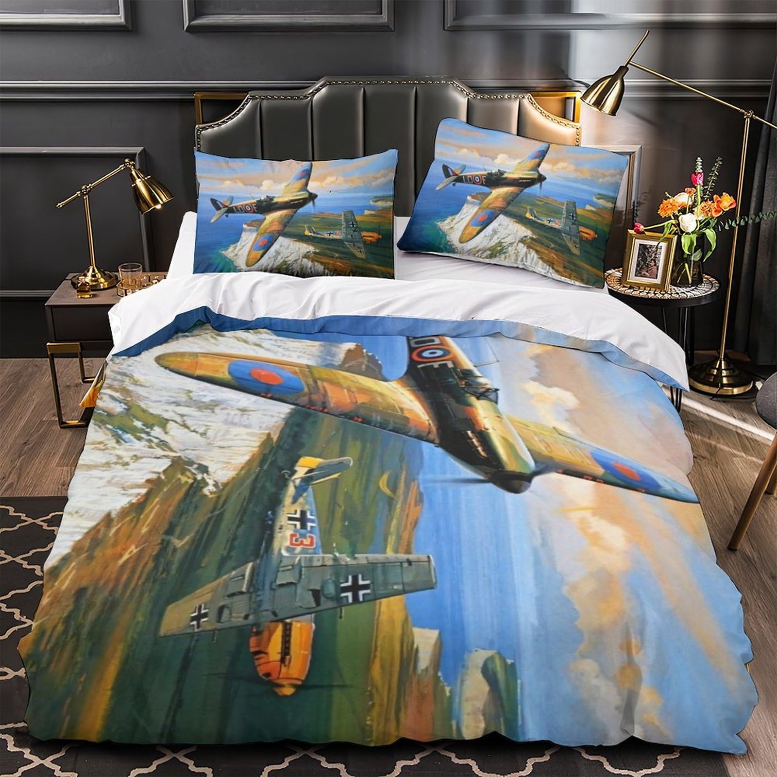 Mjasvndfo Boys Style-8 British Spitfire Fighter Duvet Cover For Girls 3D Print Military Quilt Cover Comforter Covers Bedding Set With Zipper Closure With Pillow Cases Soft Microfiber 2 Pieces Single（140X200cm）