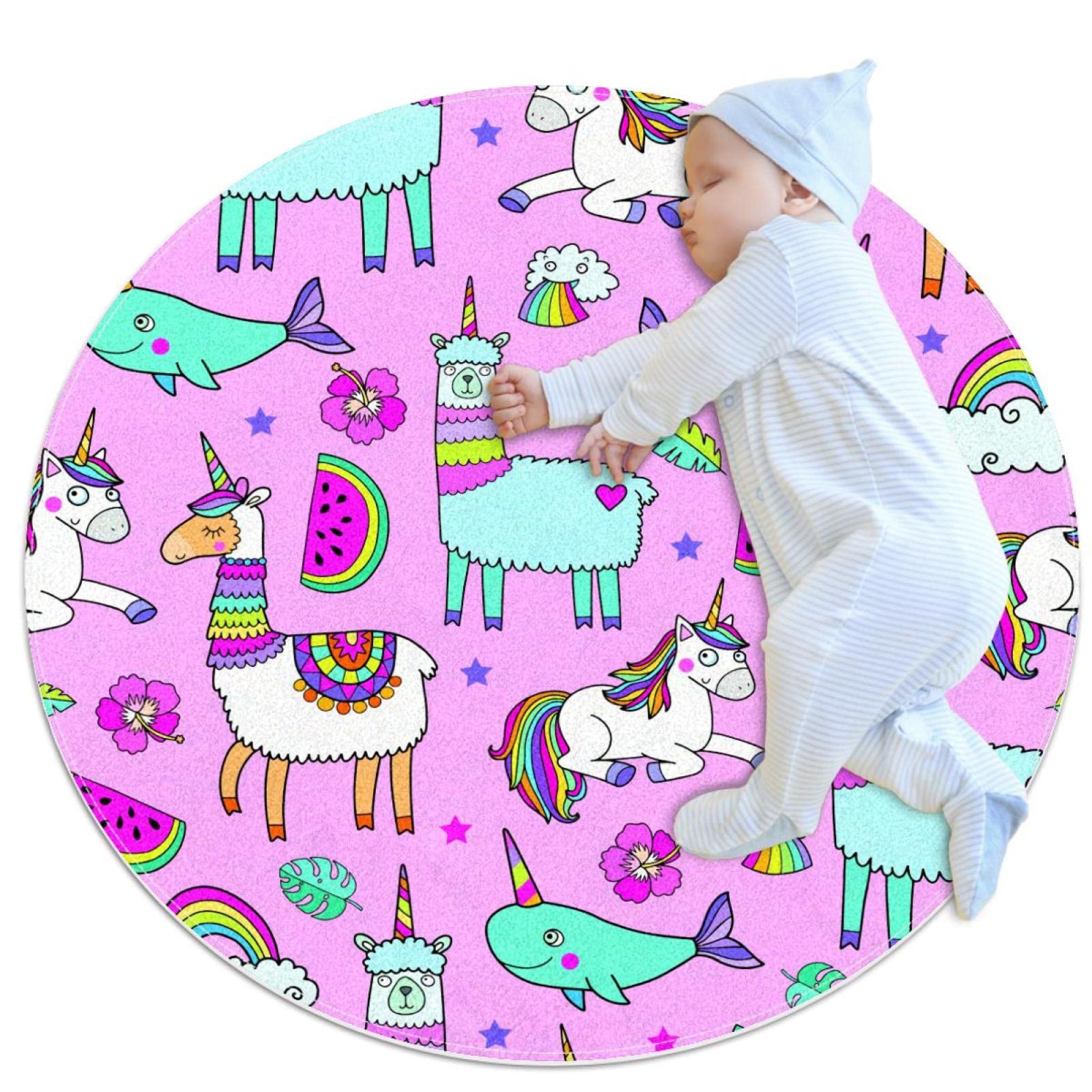 Tapis rond licorne et alpagas, le cadeau de naissance idéal