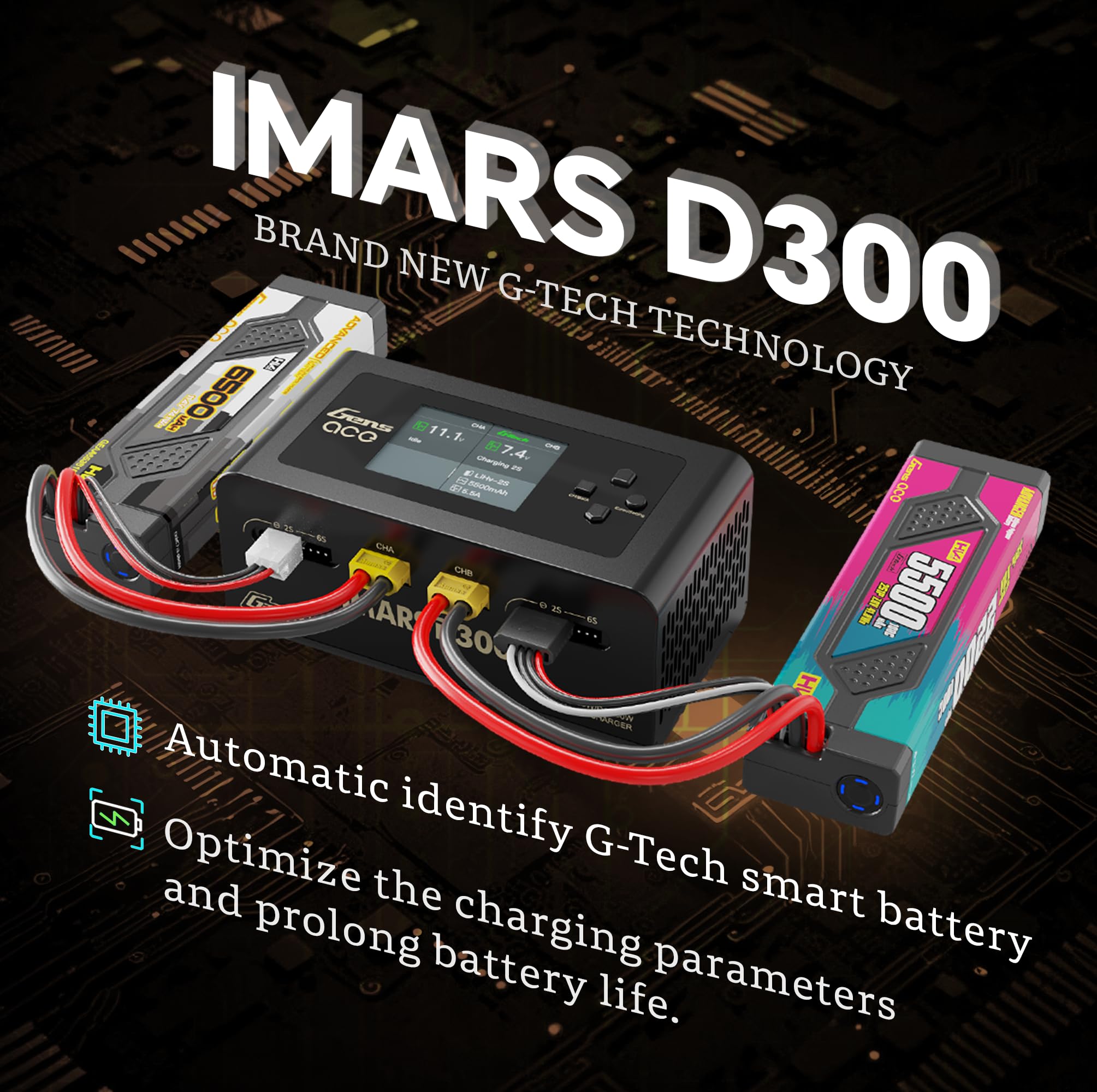 IMARS D300 Gens Ace Lipo Battery Charger G-Tech Series Smart Dual Lipo Balance Charger AC 300W DC 700W(350W*2) 16A Dual Channel Charger for 1s~6s Lipo Batteries, Life/NiCd/MH/LiHV, Plug&Play (Black)