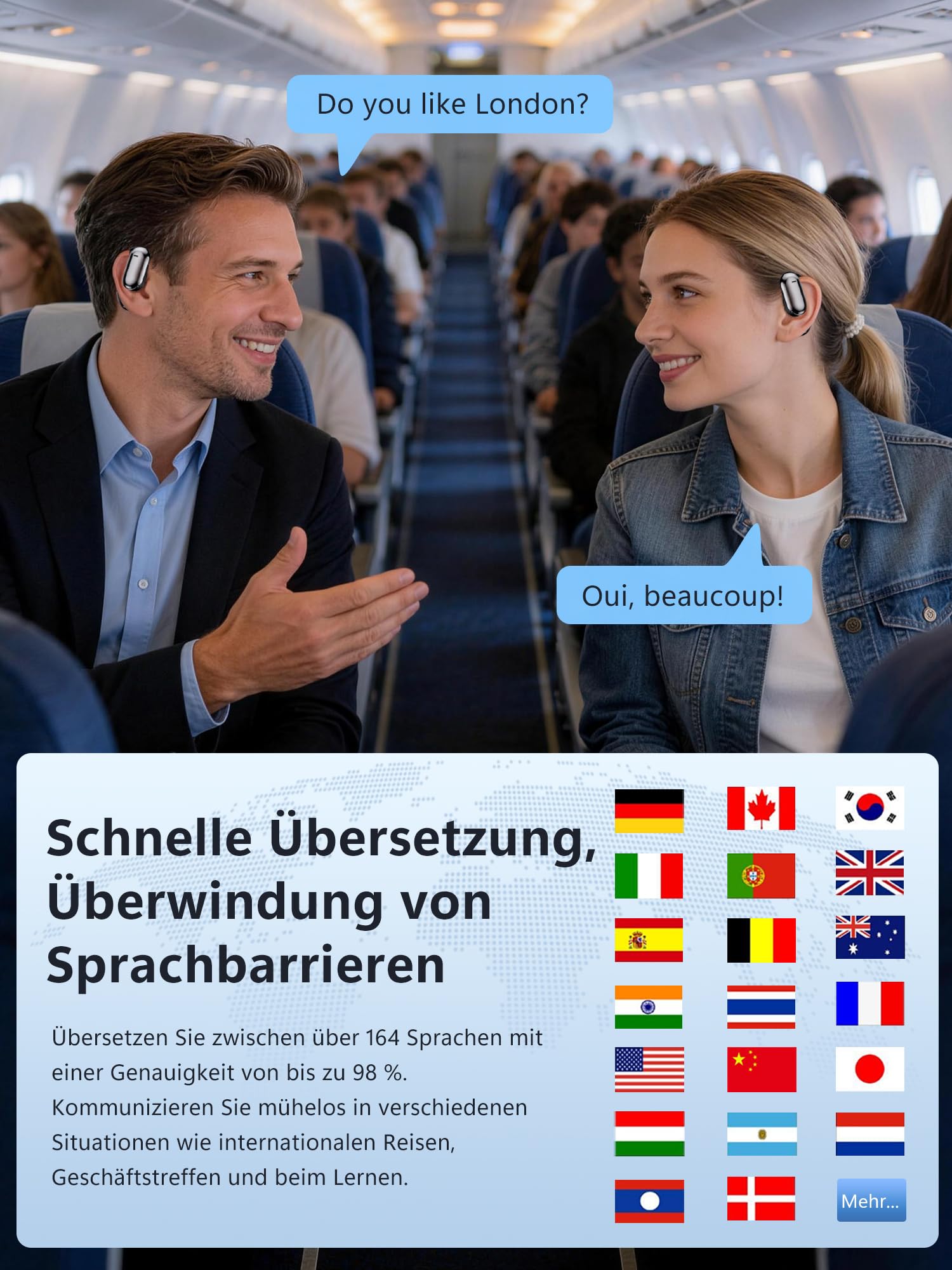 KI Kopfhörer Übersetzer in Echtzeit 4-in-1: Sprachübersetzer Kopfhörer 164 Sprachen 7 Modi mit APP - 75h Bluetooth 6.1 Übersetzung Ohrhörer mit iOS Android - ENC Übersetzer für Reisen Geschäft Lernen