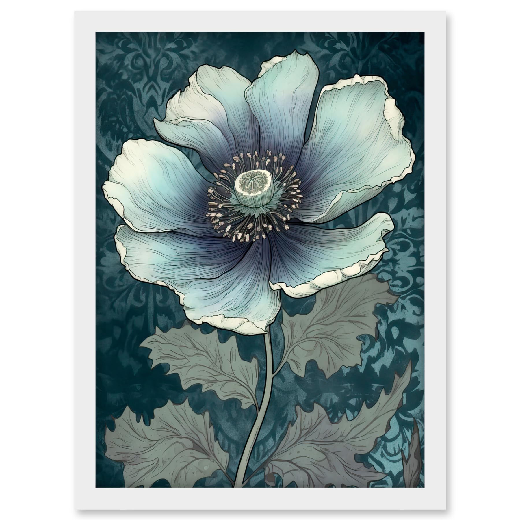 Artery8 Anemone Flower Bloom Teal Blue Watercolour Artwork Framed A3 Wall Art Print