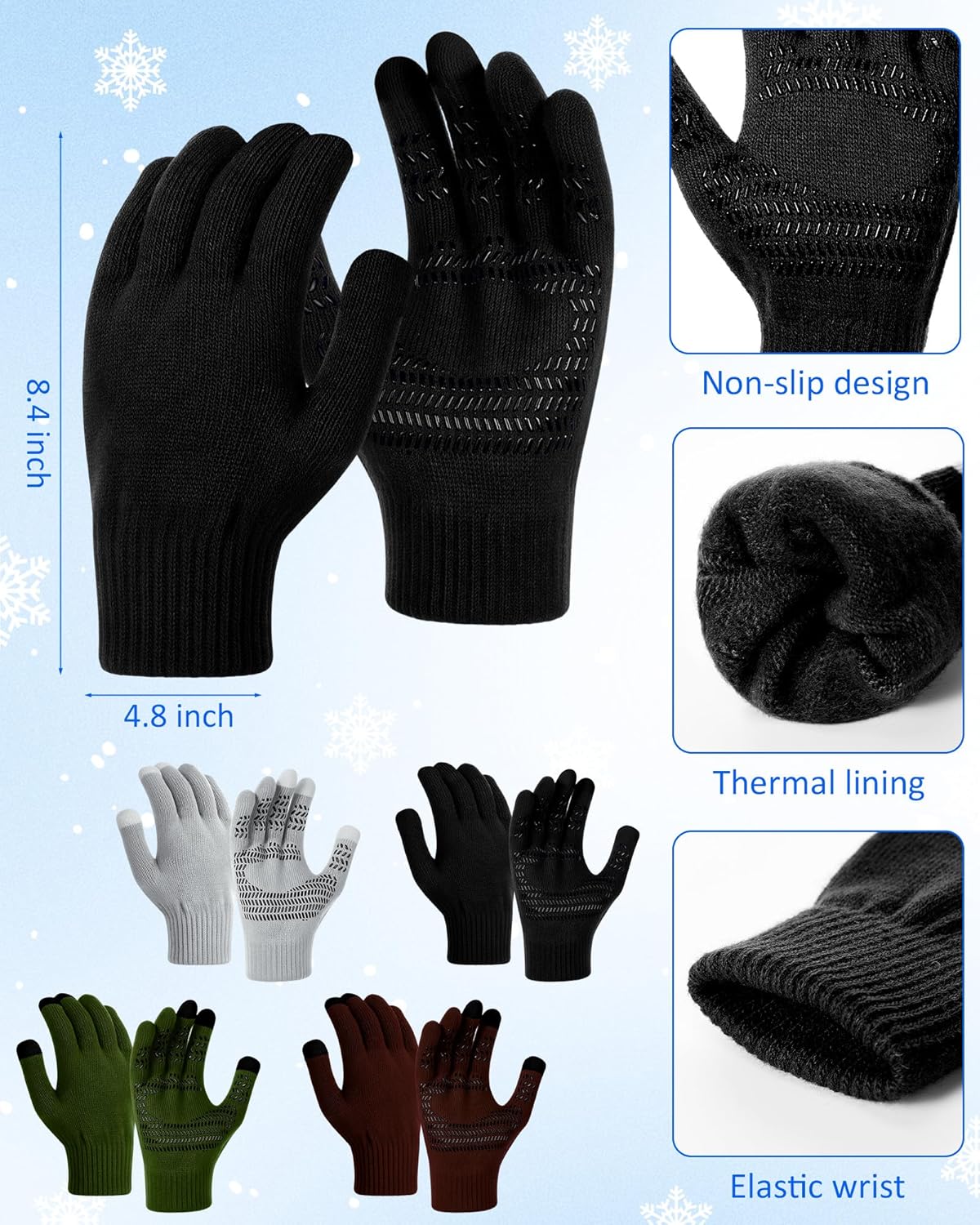 8 Pcs Winter Beanies and Gloves Set for Men Women, Stretchy Knitted Hats Touch Screen Gripper Glove Unisex Warm Gift - Image 3