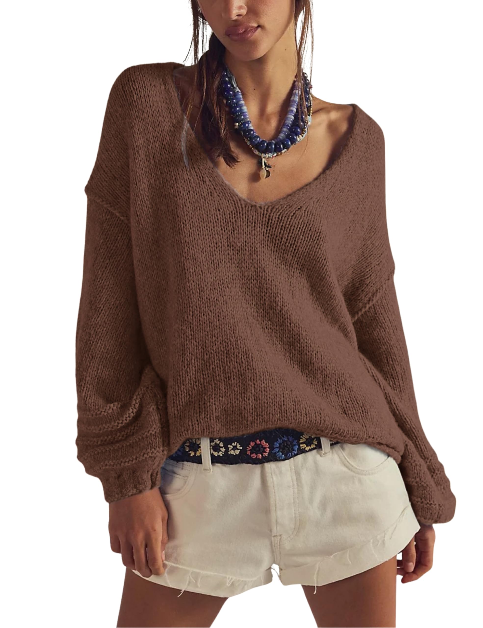 Womens Bohemian Slouchy Style Sweater Off Shoulder Knit Pullover with bubbled Sleeves