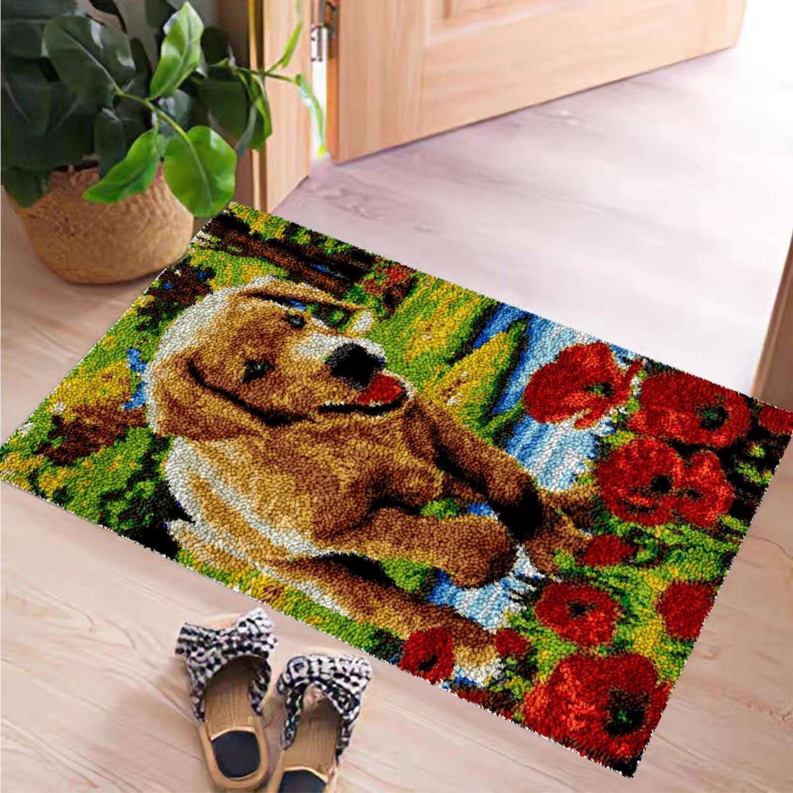 Golden Retriever - Kit per ricamo fai da te con fiori rossi, perfetto per adulti e bambini, kit di filato per uncinetto facile, 78,7 x 160 cm, tela artistica