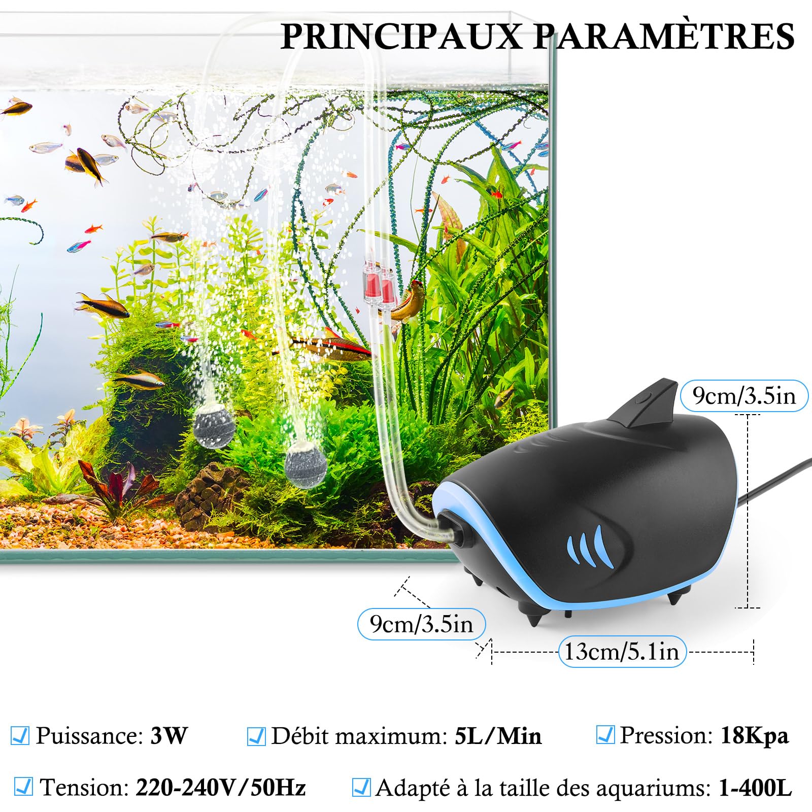 Pompe à Air pour Aquarium 3W, Pompe à Oxygène Silencieux pour Aquarium 5L/Min, Aérateur d'Aquarium Ajustable pour Réservoir Jusqu'à 400l