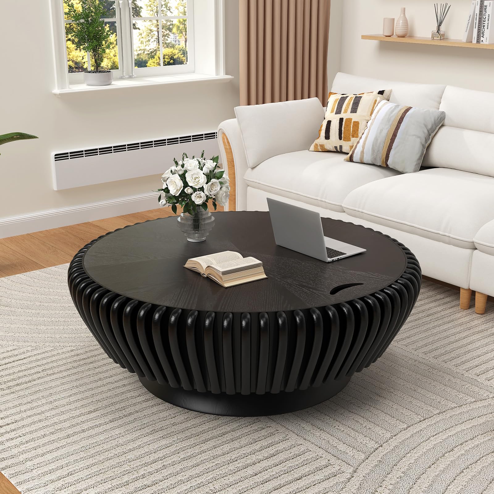 DYHQQ Round Fluted Coffee Table with Sturdy Pedestal Base
