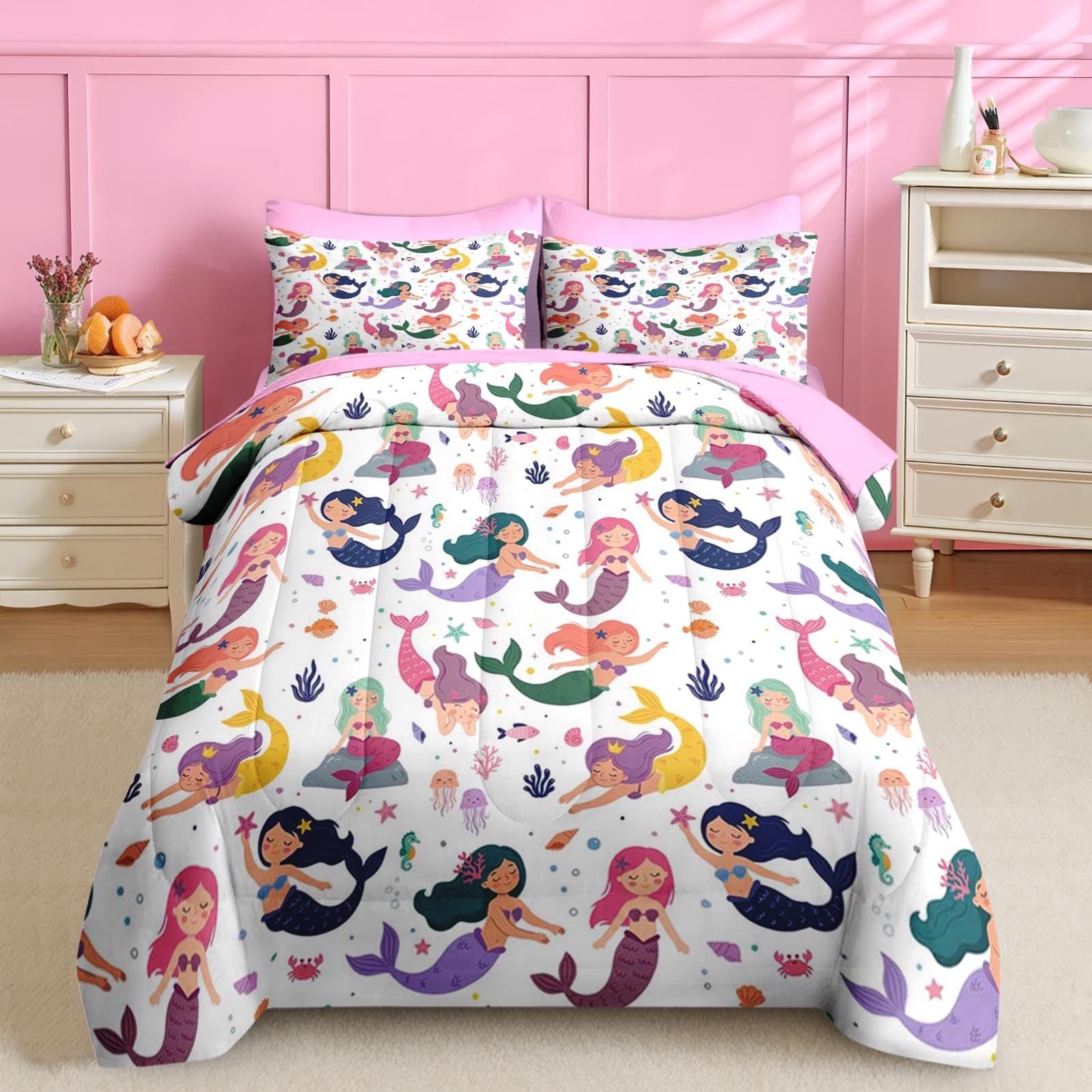 Nesker 7 Pcs Comforter Set Queen Size, Colorful Mermaid Princess Bedding for Kids Teen, Cartoon Sea Animals with Fitted Sheet 2 Pillowcases & 2 Shams
