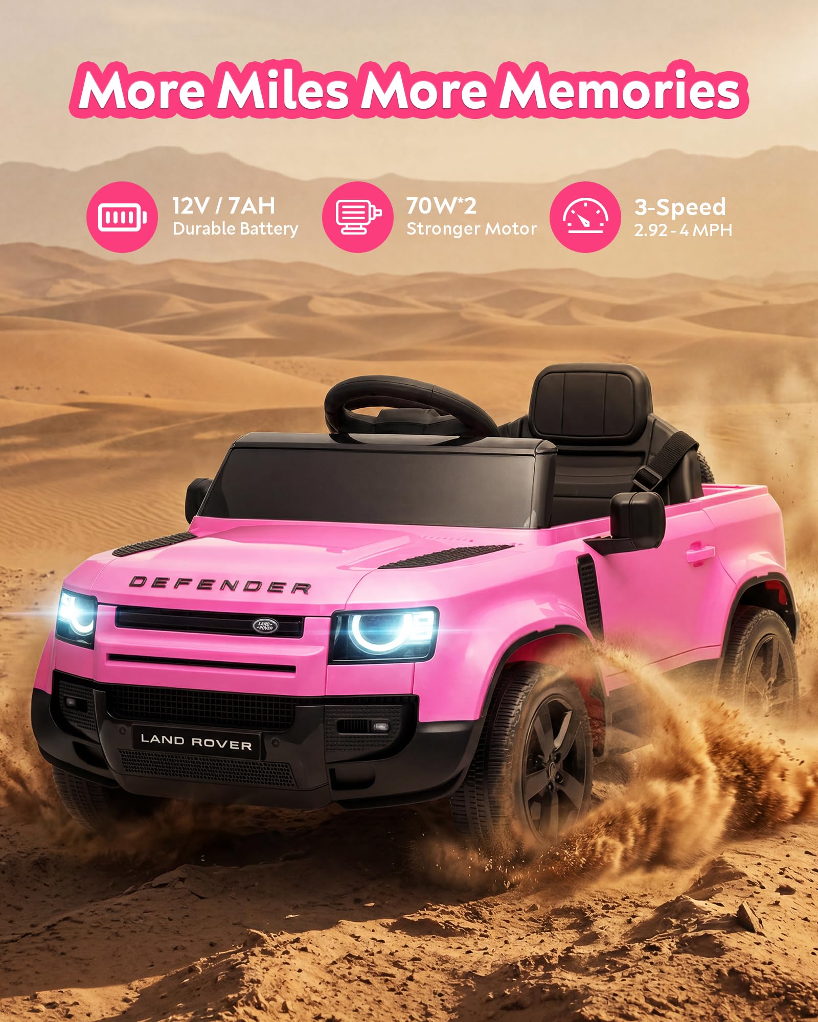 Auto elettrica da 12 V per bambini, con licenza Land Rover, con telecomando per genitore, soft start, 3 velocità, assorbimento degli urti, luci LED e musica, giocattolo elettrico per bambini, rosa
