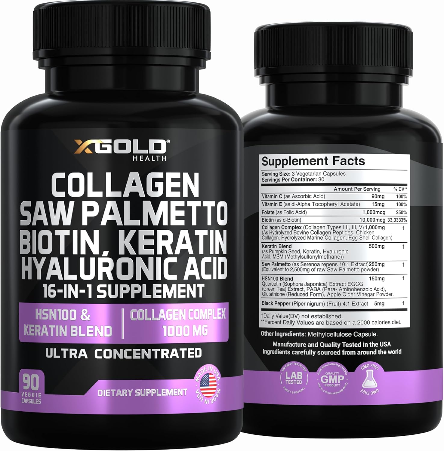 X Gold Health Collagen Biotin Complex for Hair, Skin & Nails – 16-in-1 Beauty Supplement with Keratin, Hyaluronic Acid & Saw Palmetto – 90 Capsules - Image 7