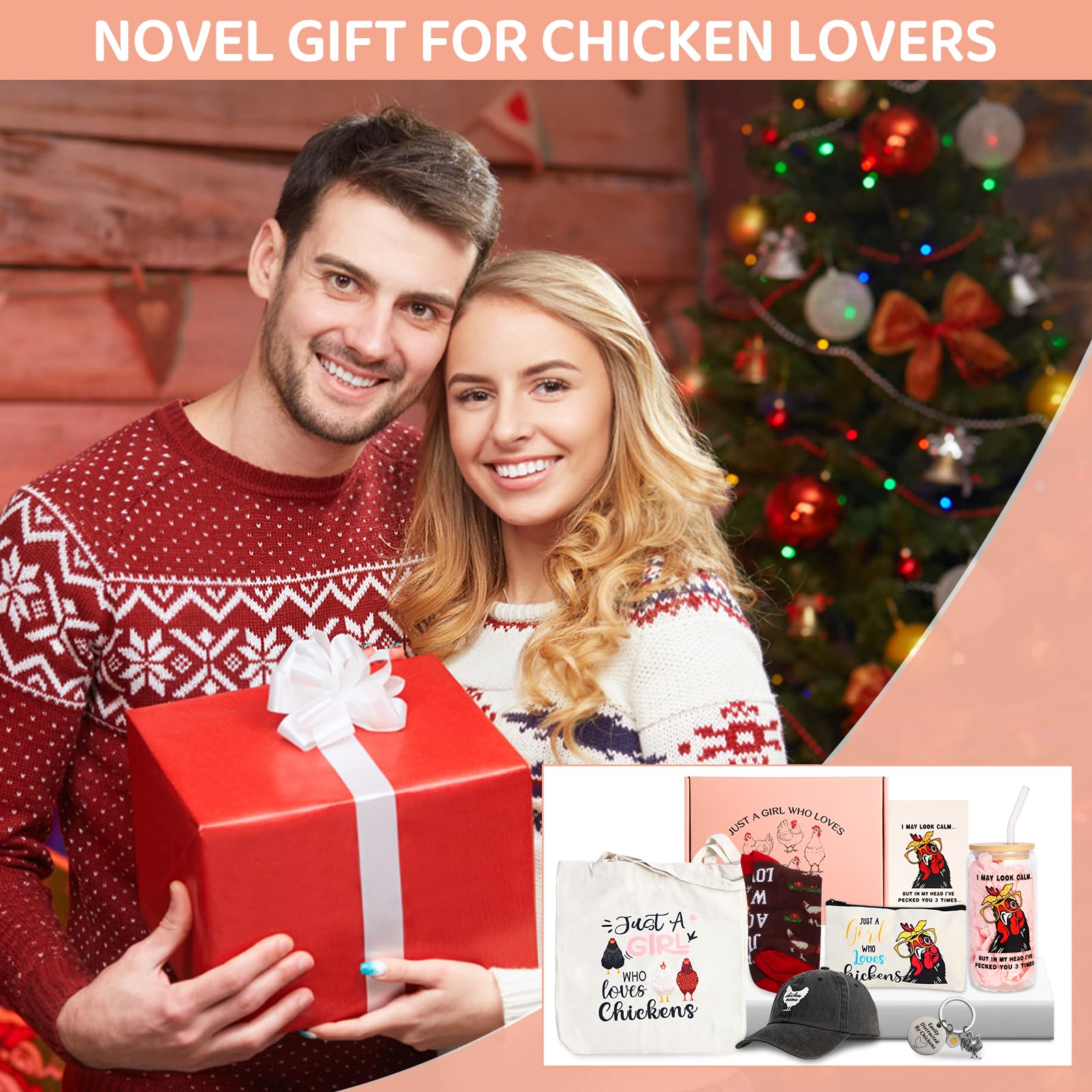 Bayelove Funny Chicken Gifts for Women Chicken Lovers Stuff Chicken Lovers Gifts for Women Include Chicken Glass Cup Canvas Tote Bag Makeup Bag Keychain Hat Socks Card for Birthday Christmas