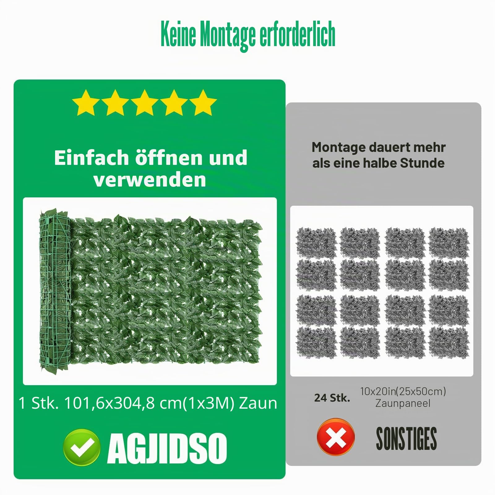 Künstlicher Efeu-Zaun, 3 m x 1 m (2 x 3 x 0,5 m) künstliche Hecken, Sichtschutzzaun für Garten, Balkon, Außenbereich (verbesserte Apfelblätter)