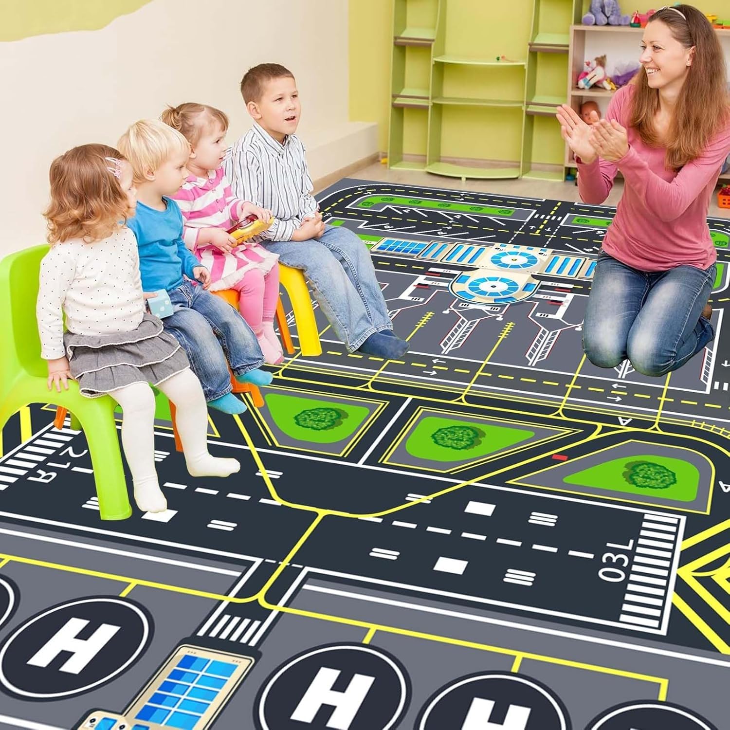 Alfombra Infantil Con Pista De Aeropuerto - Antideslizante, Lavable, Ideal Para Juegos De Aviones (100x150 Cm)