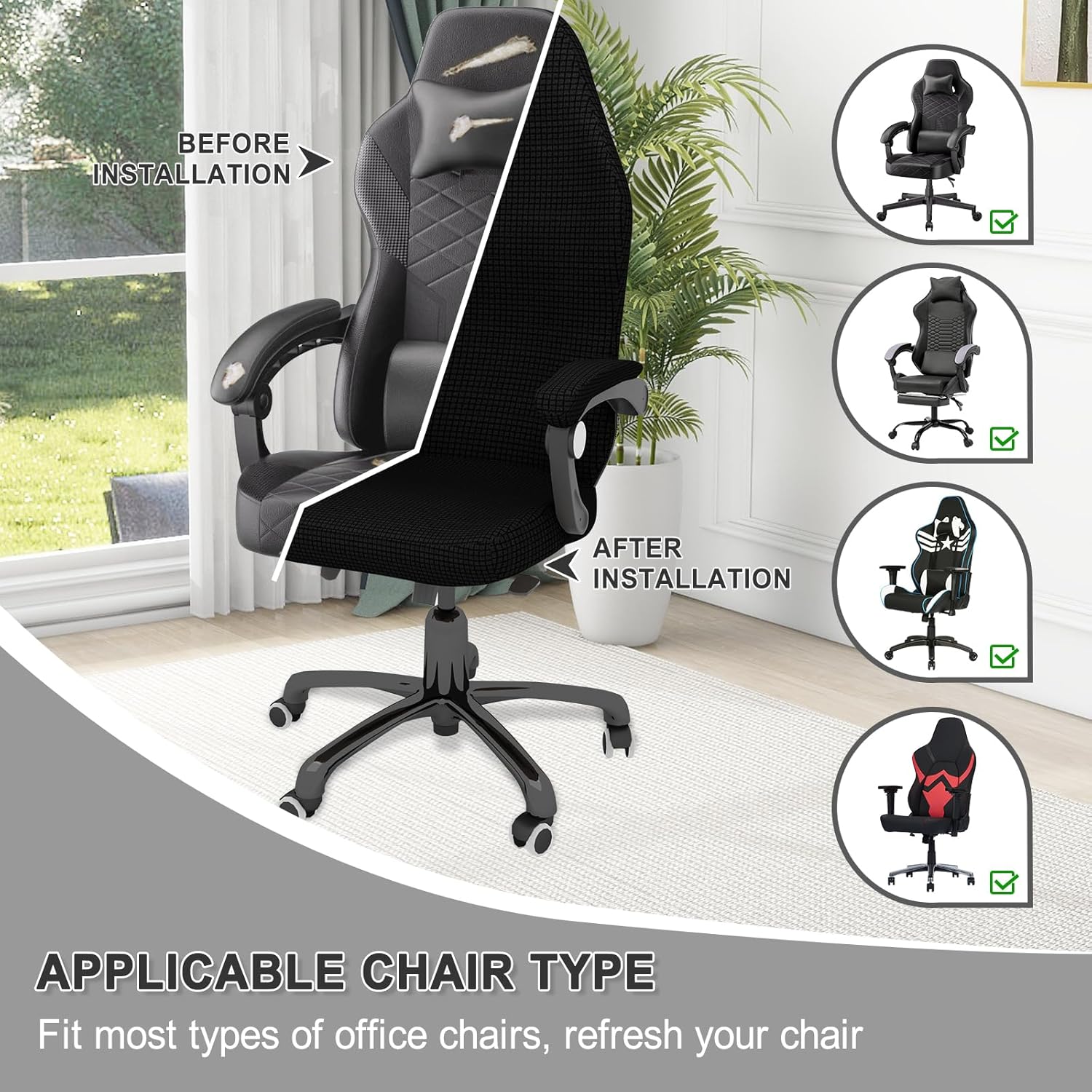 Gaming Chair Cover Waterproof Cat Scratch Proof , Stretch Gaming Chair Seat Cover with Armrest Breathable for Big and Tall, Anti Scratch Pet Resistant Guard for Reclining Racing Game Chair - Black